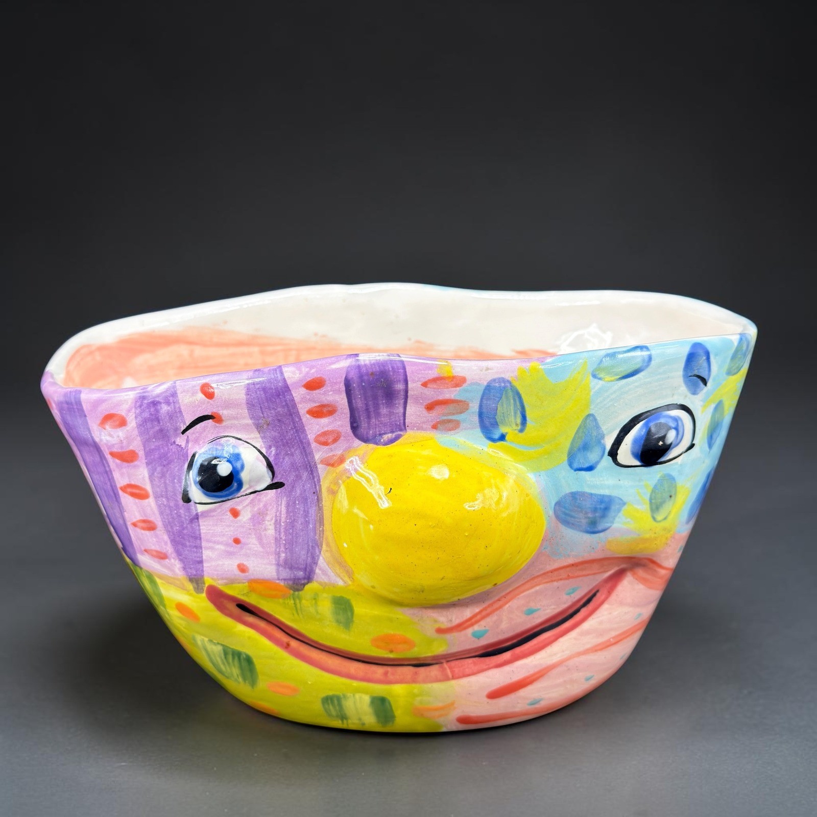 Laurel Izard Edwin Shelton Studio Pottery Clown Face Large Bowl Colorful VTG
