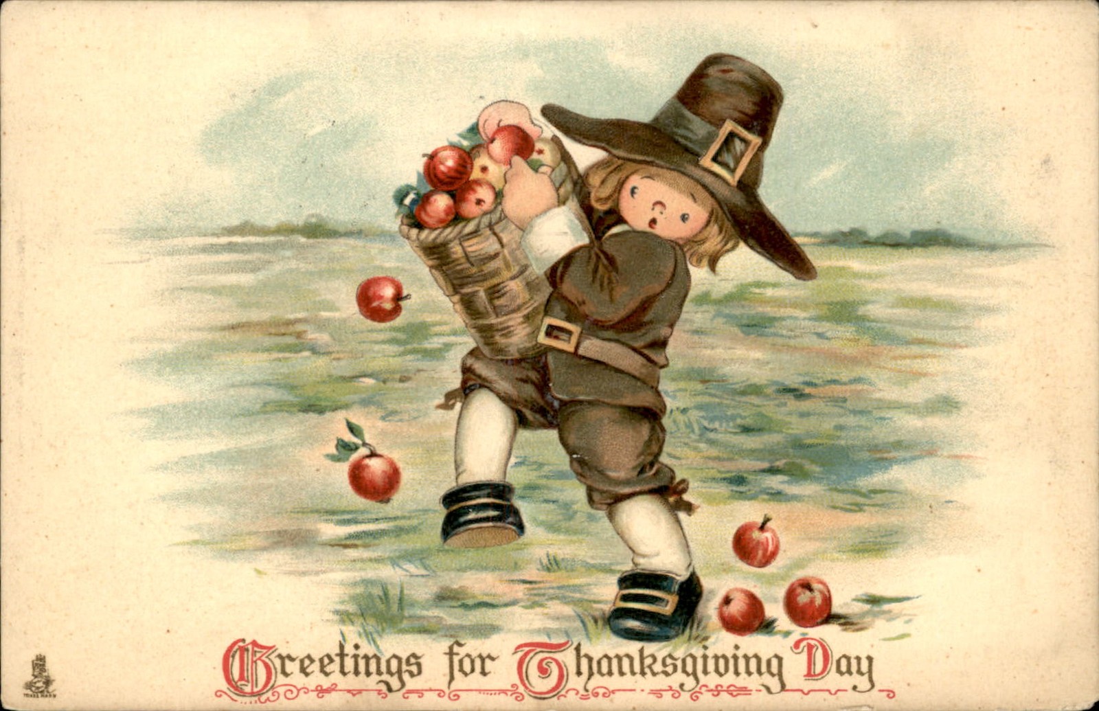 Thanksgiving Pilgrim Child with Apples Raphael Tuck c1900s-10s Vintage Postcard