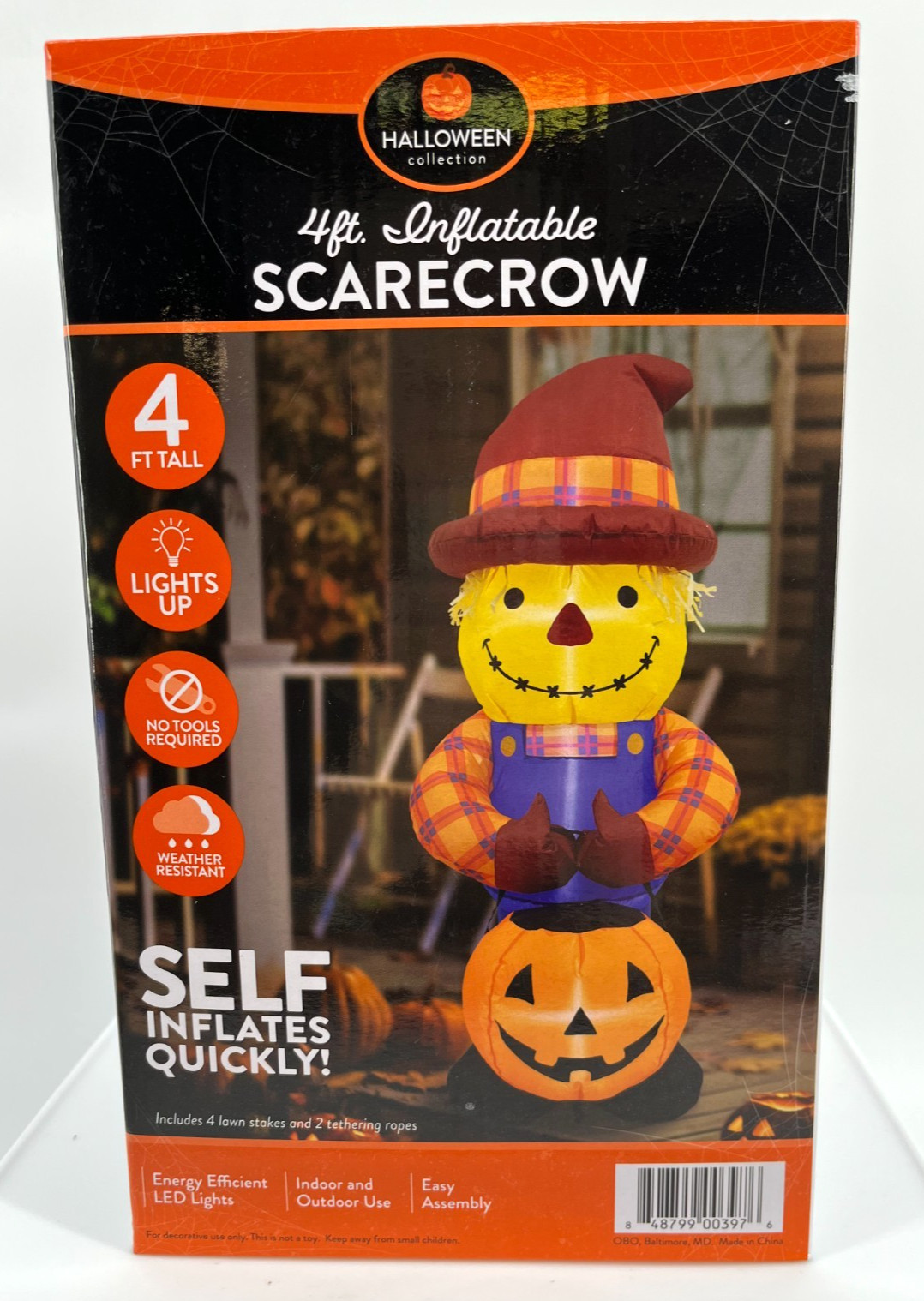 Halloween Lighted Self Inflatable SCARECROW w/ Trick Treat PUMPKIN - 4 Ft Tall