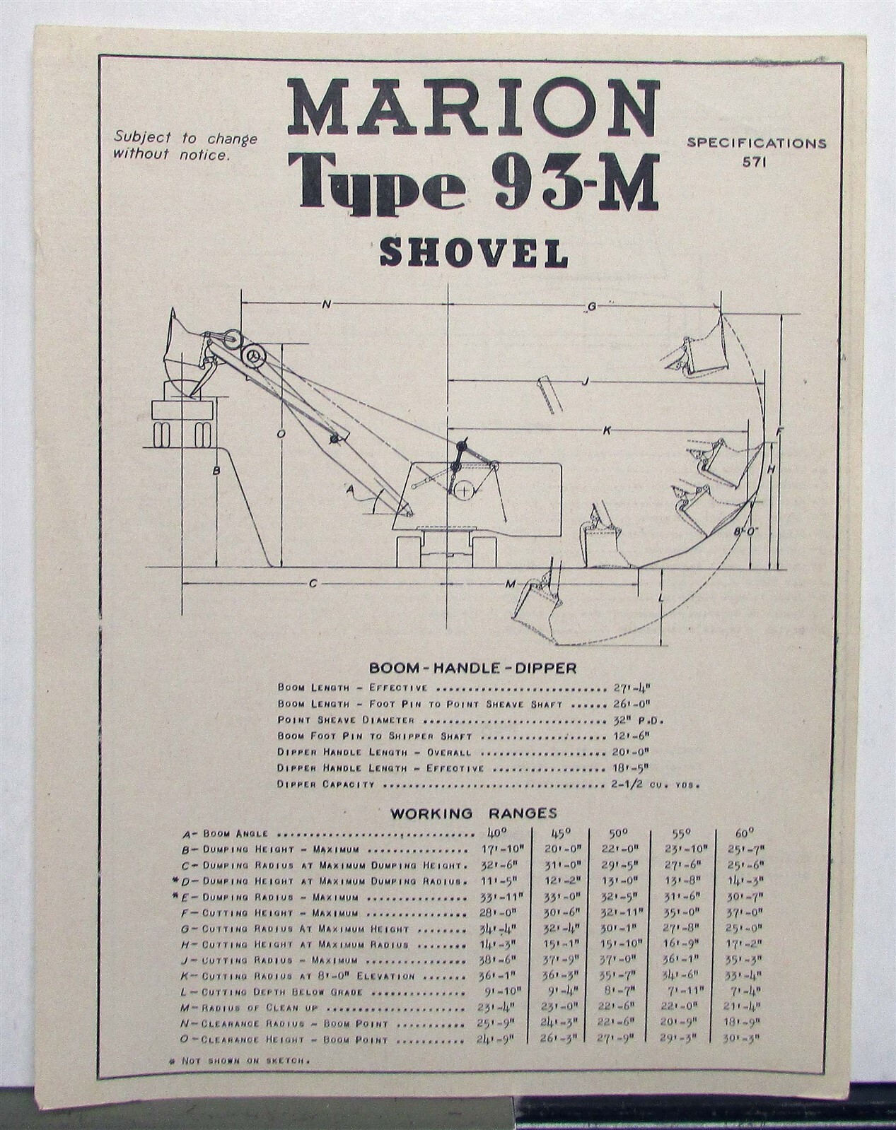 1945 Marion 93M Shovel Specifications Construction Sales Data Sheet