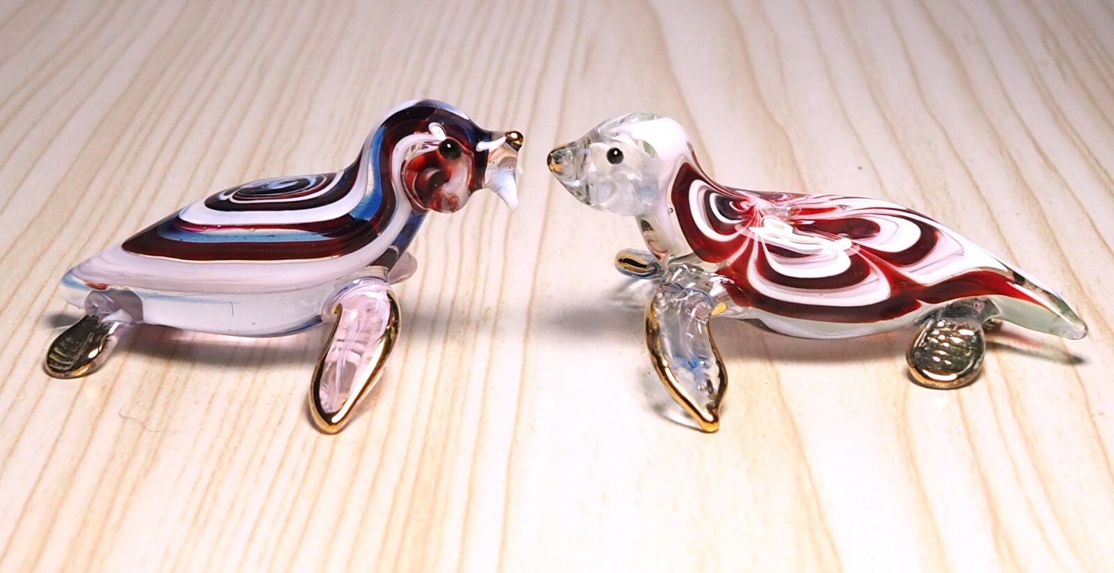 2 pcs. maroon blue Walrus figurine hand blown Glass art gild  GIFT decor - cute