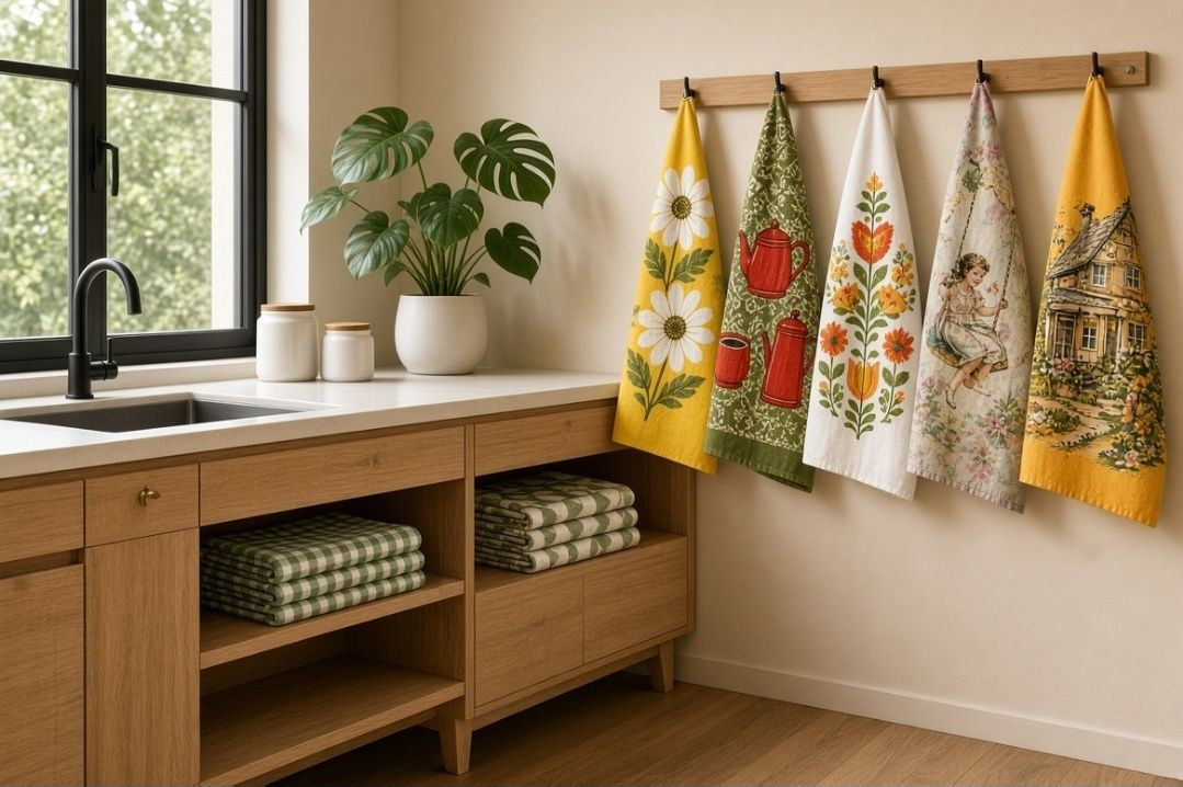 VTG MCM 70's 80's Lot 10 Floral Kitchen Tea towels and Apron  Assorted Made USA*