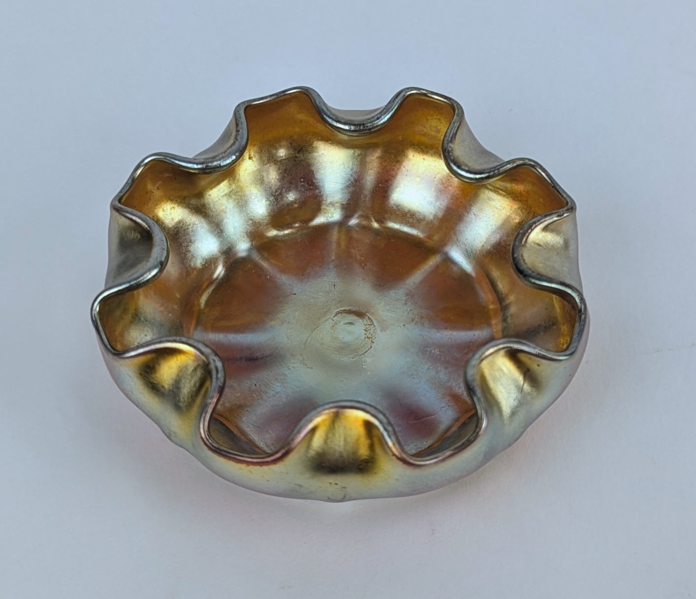 Vintage - L.C.T. Favrile Gold Salt Dish Ruffled Edges - L.C.T. Hand Labeled