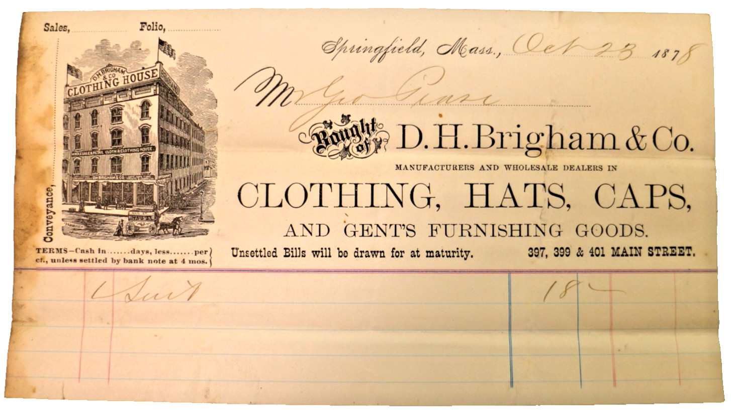 1878 Billhead D.H. Brigham & Co. Springfield Mass.,to Geo. Pease $18 1878 Billhead D.H. Brigham & Co. Springfield Mass.,to Geo. Pease $18