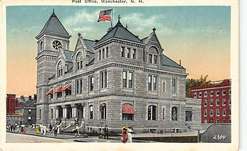 Postcard NH: Post Office , Manchester, New Hampshire, Antique WB 1920's