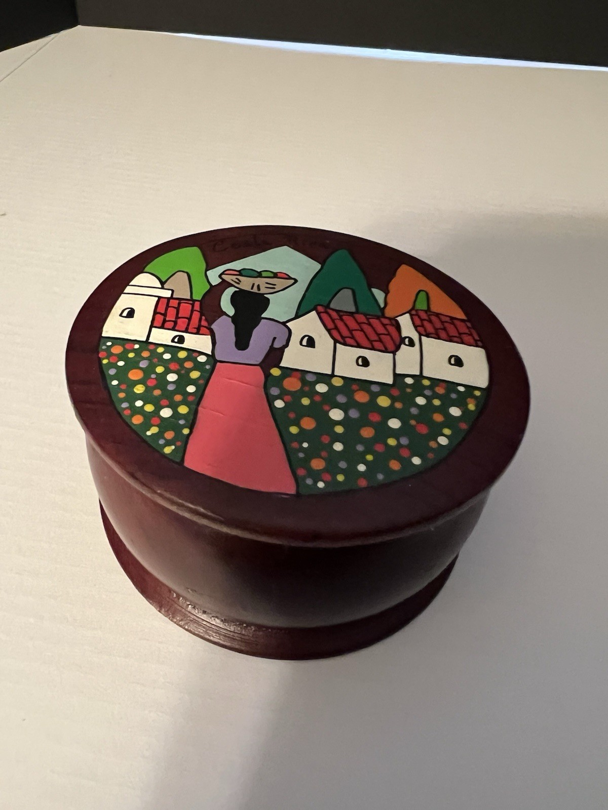 Vintage Hand Painted Wood Trinket Box Folk Art El Salvador La Palma Village