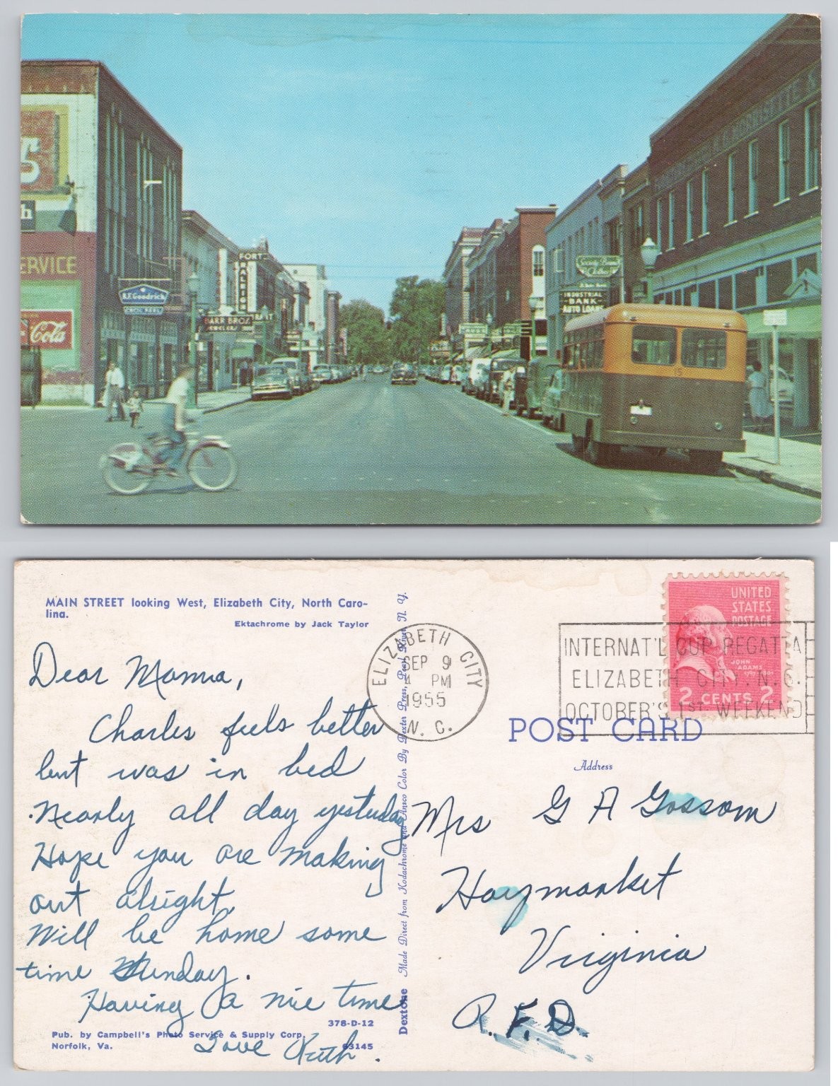 Main Street Elizabeth City NC 1955 Postcard Chrome Bus Cars Signs