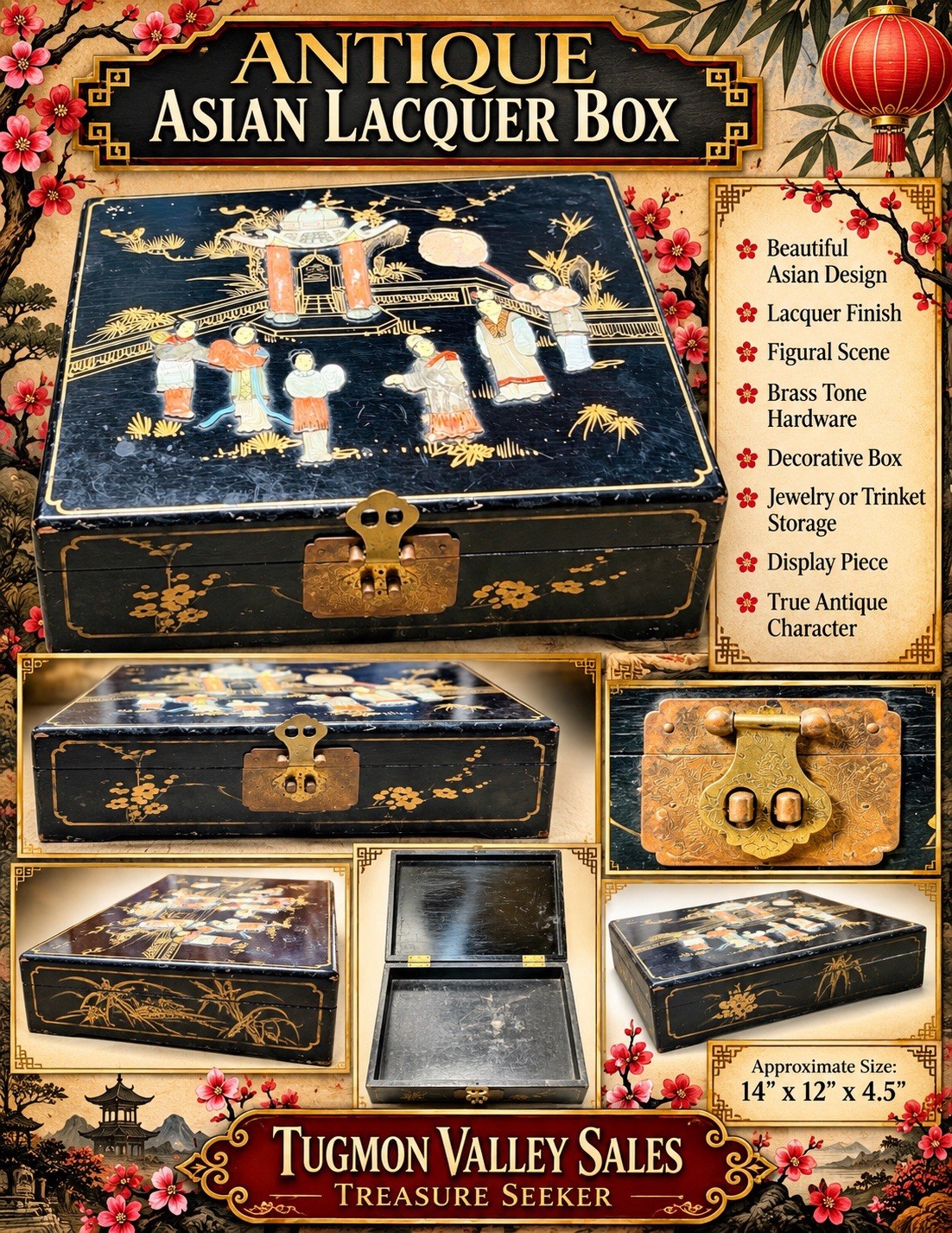 Vintage Asian Black Lacquer Style Decorative Box Figural Scene Brass Latch 14”