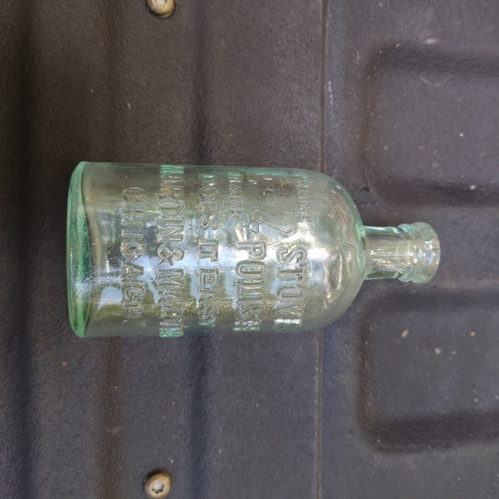Antique E-Z Stove Polish Bottle Martin & Martin Chicago Aqua Glass 1890s