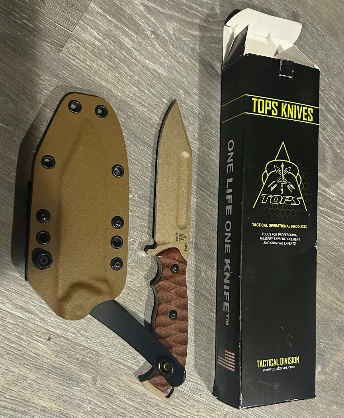 TOPS Knives Tactical Fixed Blade Carbon Steel Drop Point Tan Micarta W/ Sheath TOPS Knives Tactical Fixed Blade Carbon Steel Drop Point Tan Micarta W/ Sheath