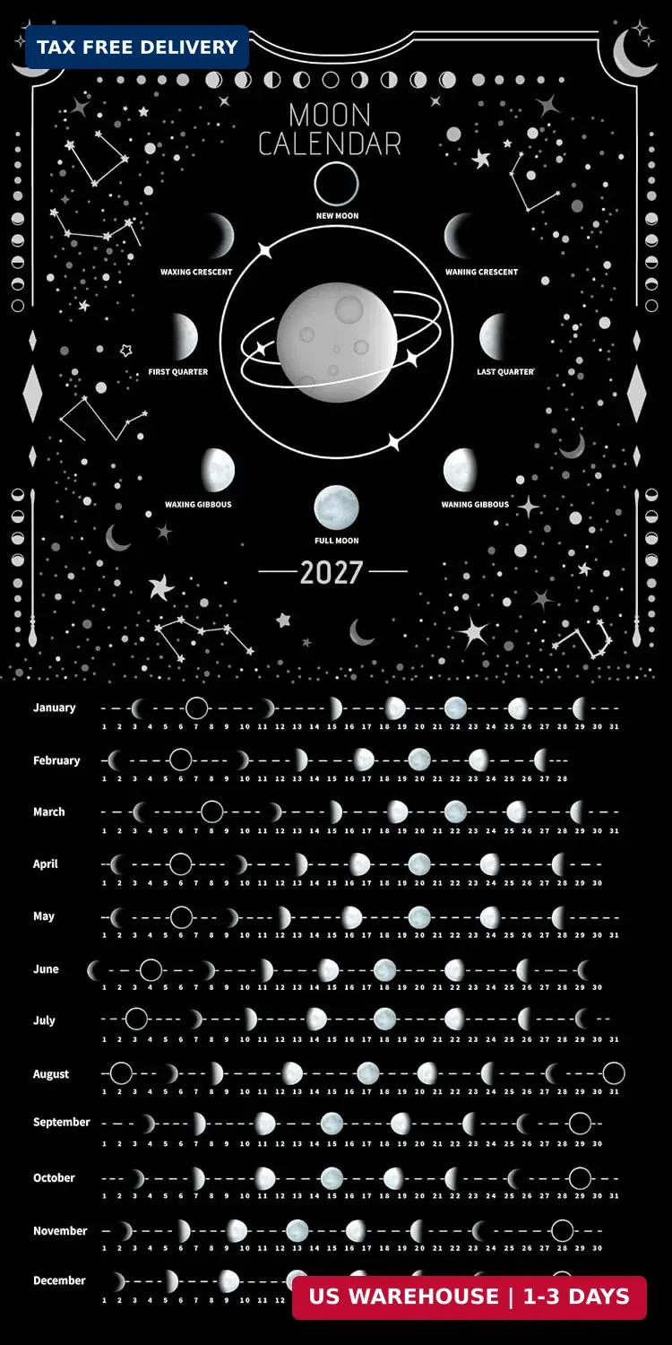 Moon Calendar 2027 Lunar Phases, Hangable MoonLight Wall Poster, Full Moon Track