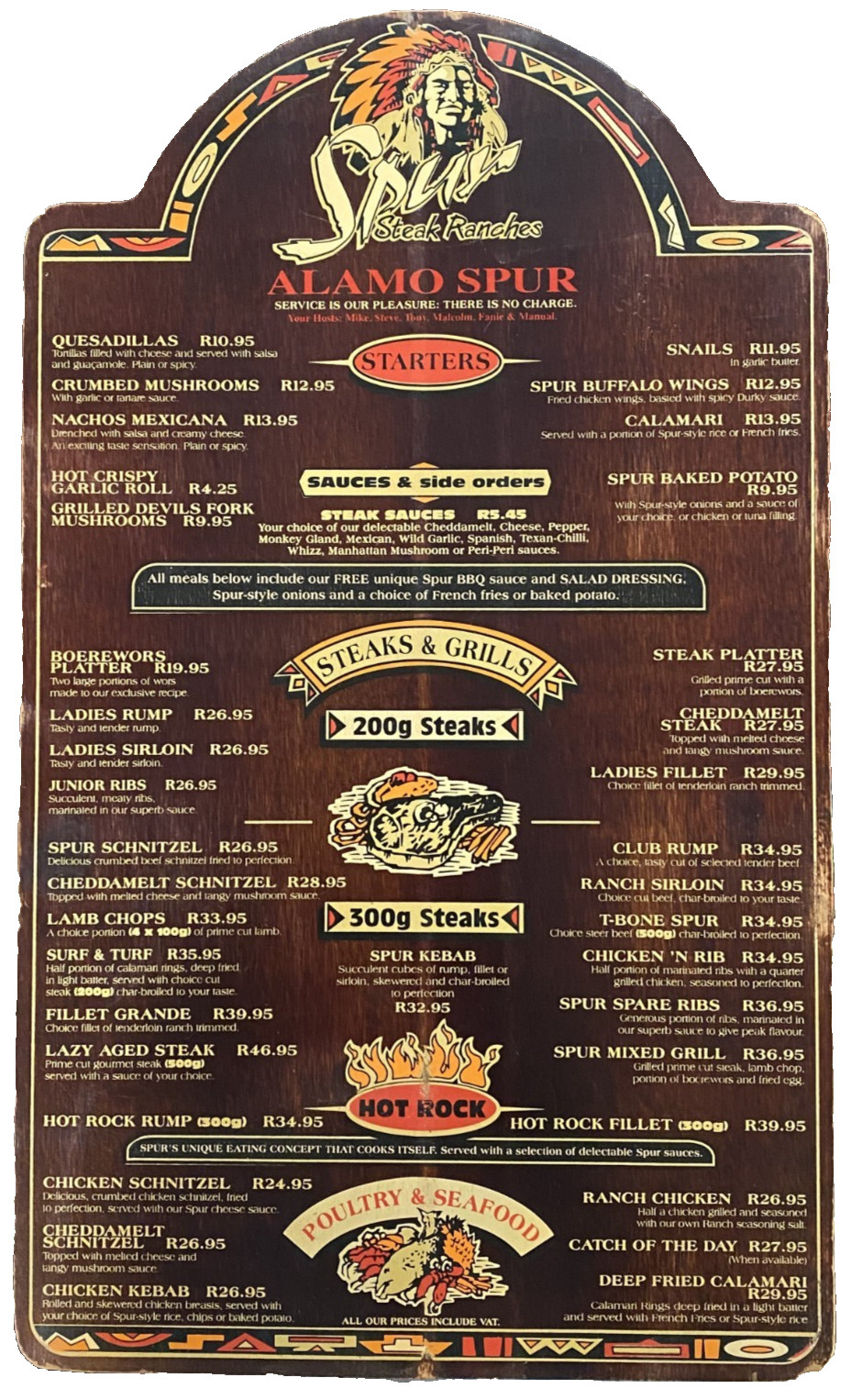 SPUR STEAK RANCHES ALAMO SPUR 1980S WOODEN RESTAURANT MENU SOUTH AFRICA SPUR STEAK RANCHES ALAMO SPUR 1980S WOODEN RESTAURANT MENU SOUTH AFRICA