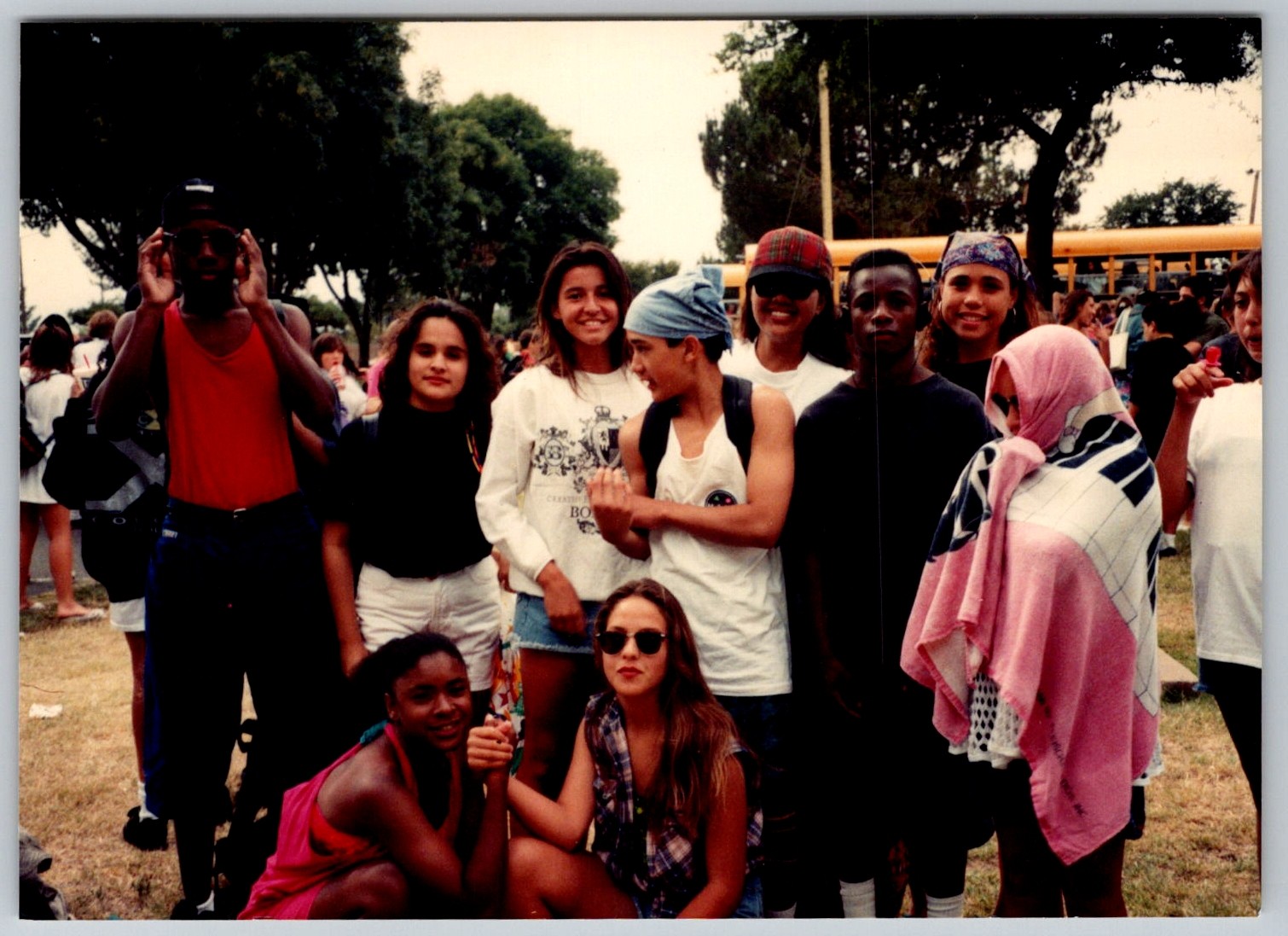 Vtg Color Snapshot Diverse Teens Group School Bus Park Bandanas 1990s