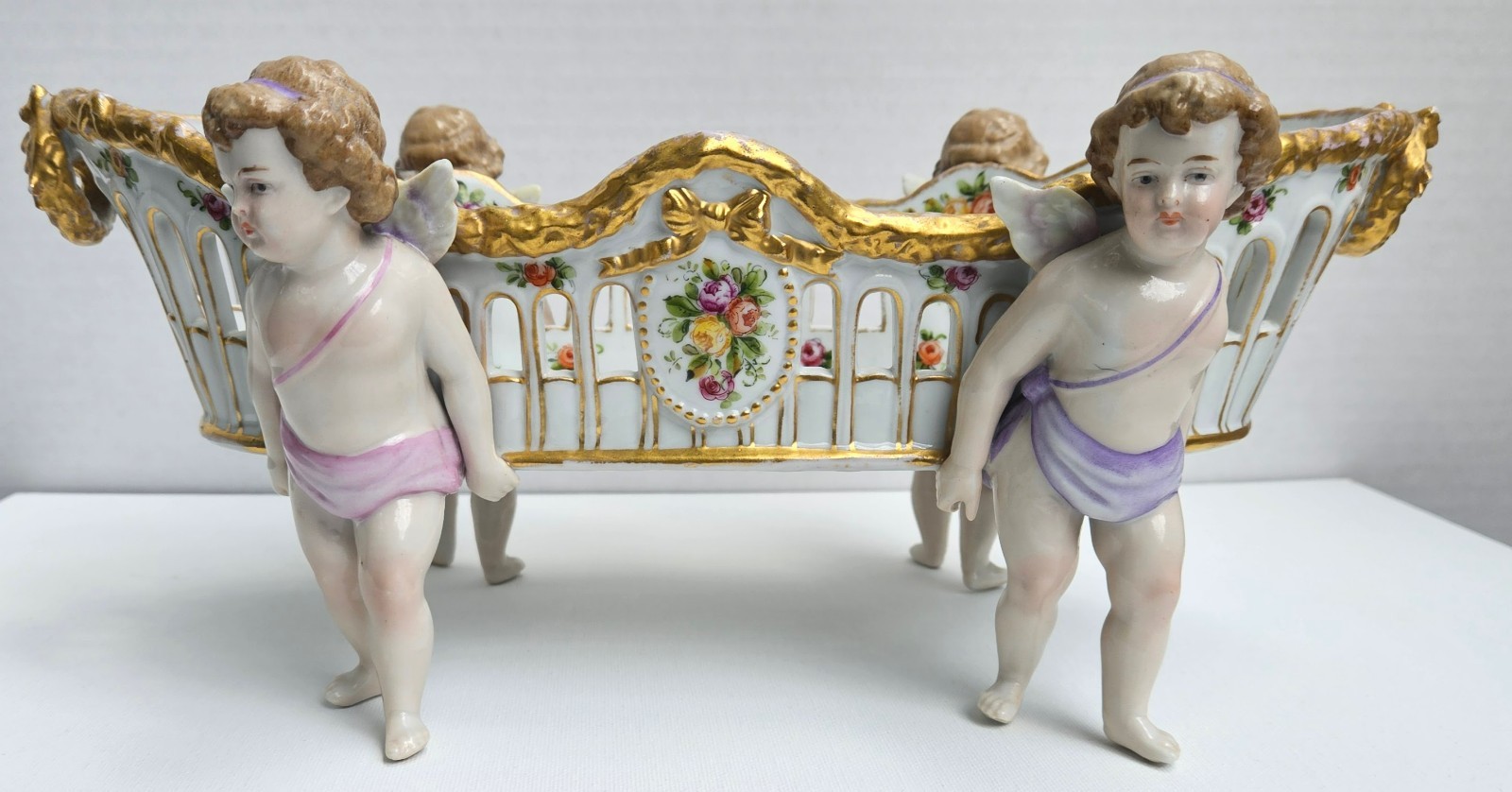 Large Antique Von Schierholz Cherub Centerpiece Bowl. 13 inches long, Mold #762