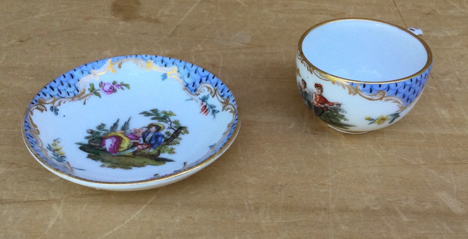 Antique Helena Wolfsohn Handpainted Porcelain Miniature Cup & Saucer, Dresden