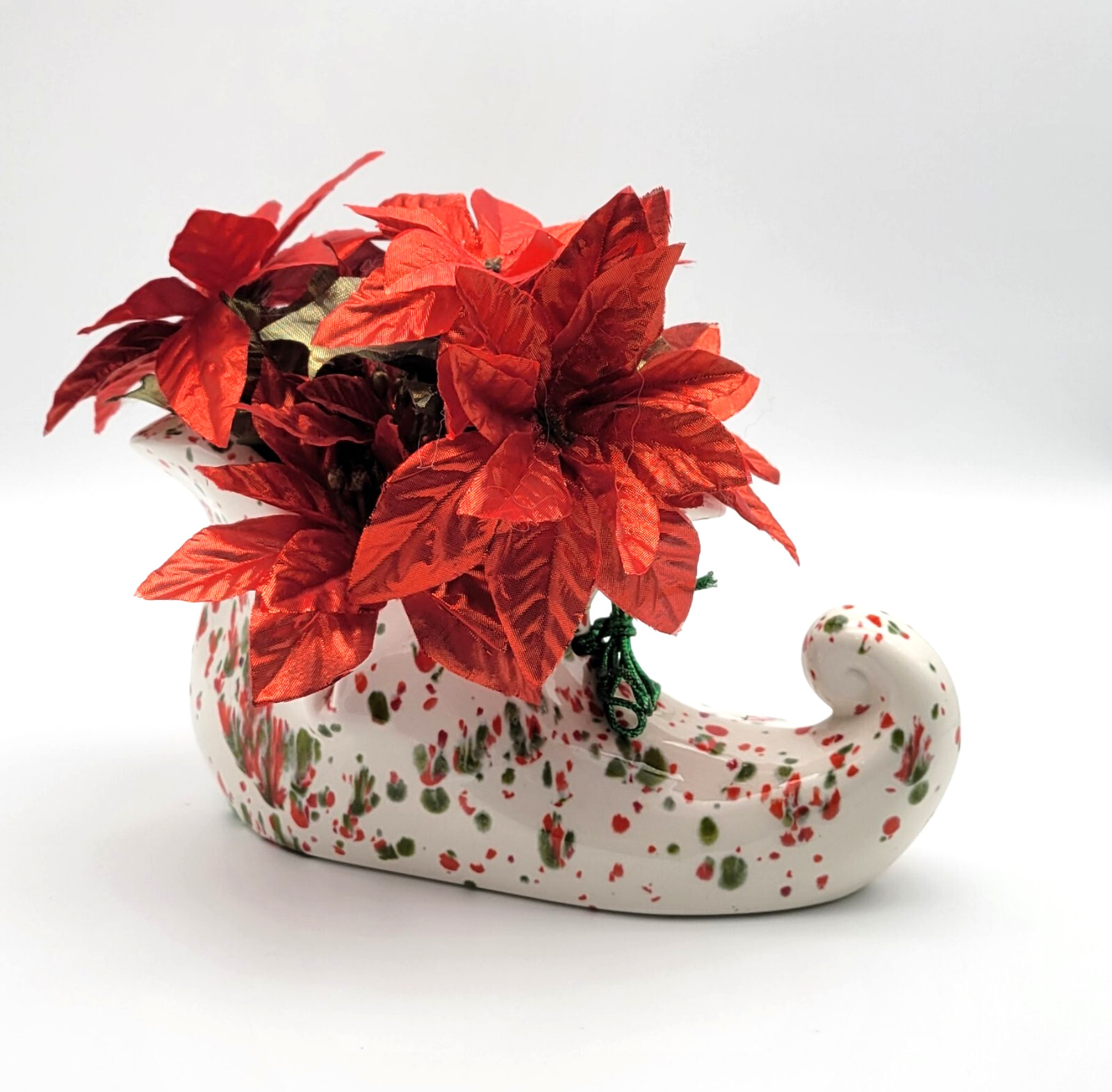 Ceramic MCM Christmas Elf Pixie Boot Shoe Planter Red Green Metallic Poinsettia Ceramic MCM Christmas Elf Pixie Boot Shoe Planter Red Green Metallic Poinsettia