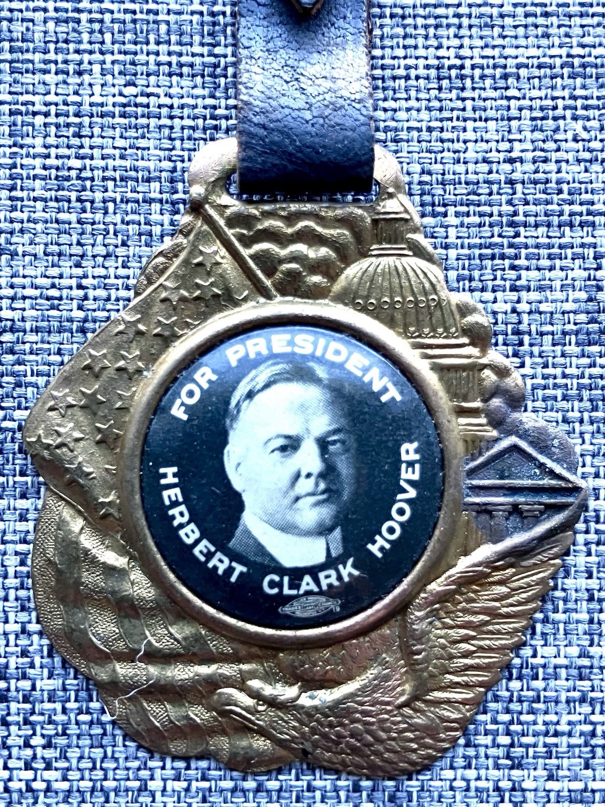 1924 Herbert C. Hoover Photo Cello On Brass Badge & Leather Watch Fob