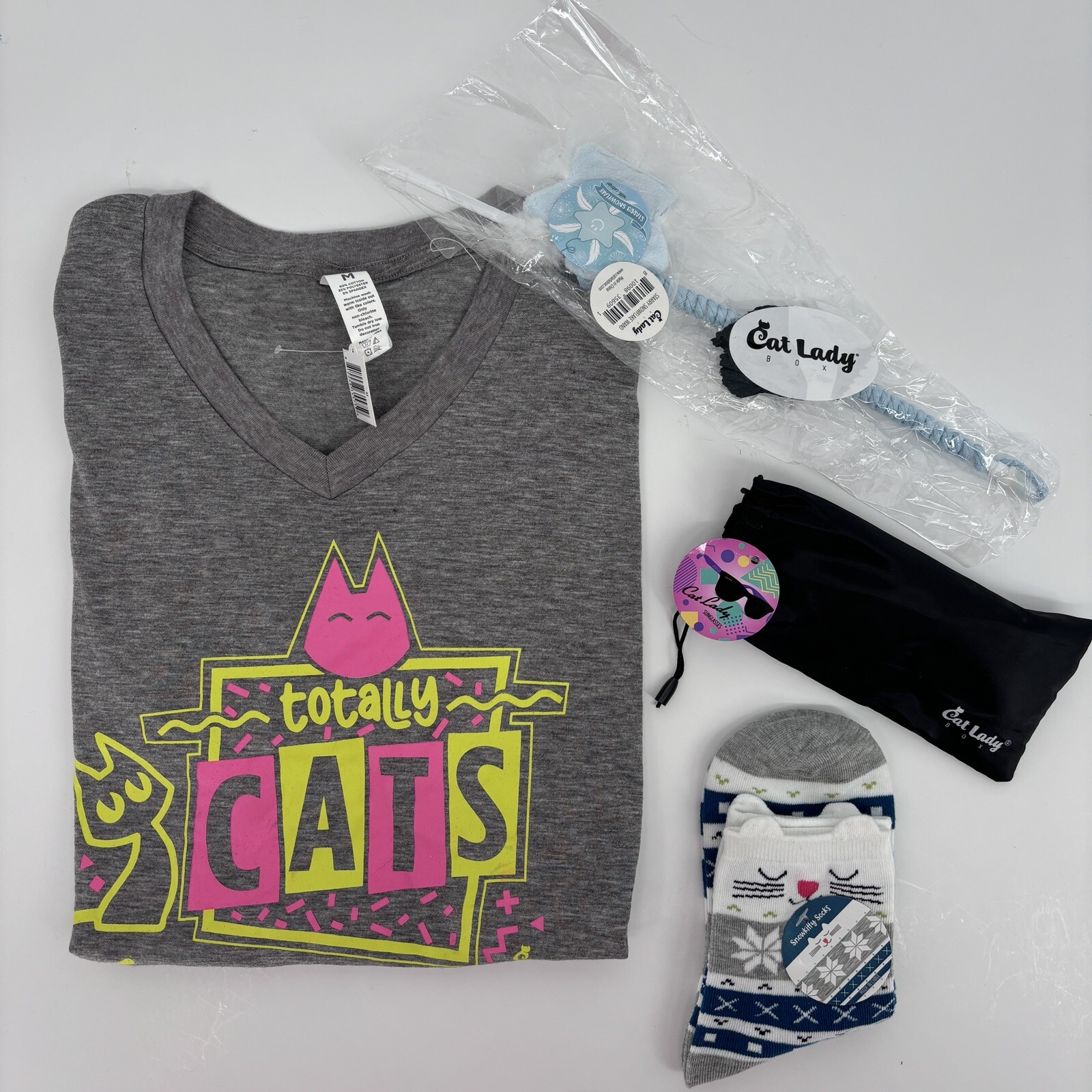 Cat Lady Box Lot Gray SS Tee Med Starry Snowflakes Toy w/Catnip Snow Kitty Socks
