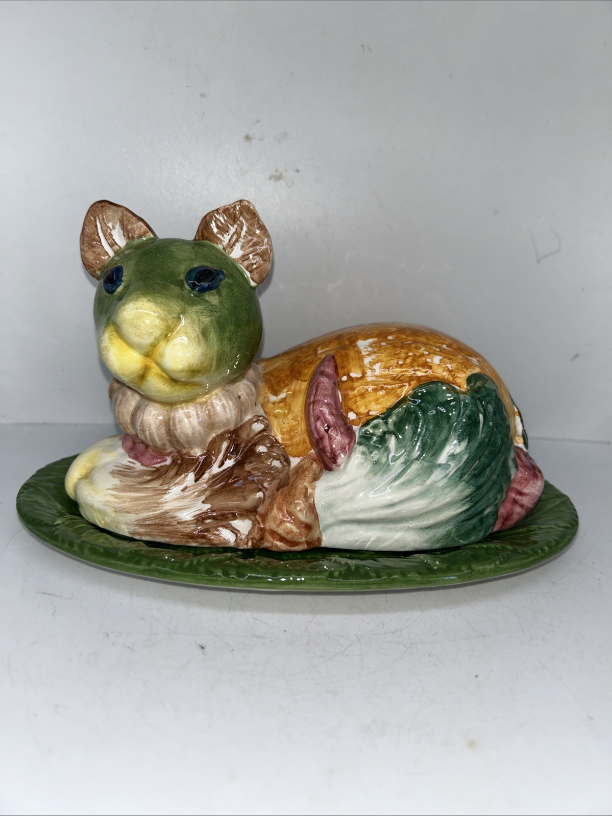 VTG Covered Butter Dish Majolica Cat Vegetable Italy 8.5” Pottery Hand painted