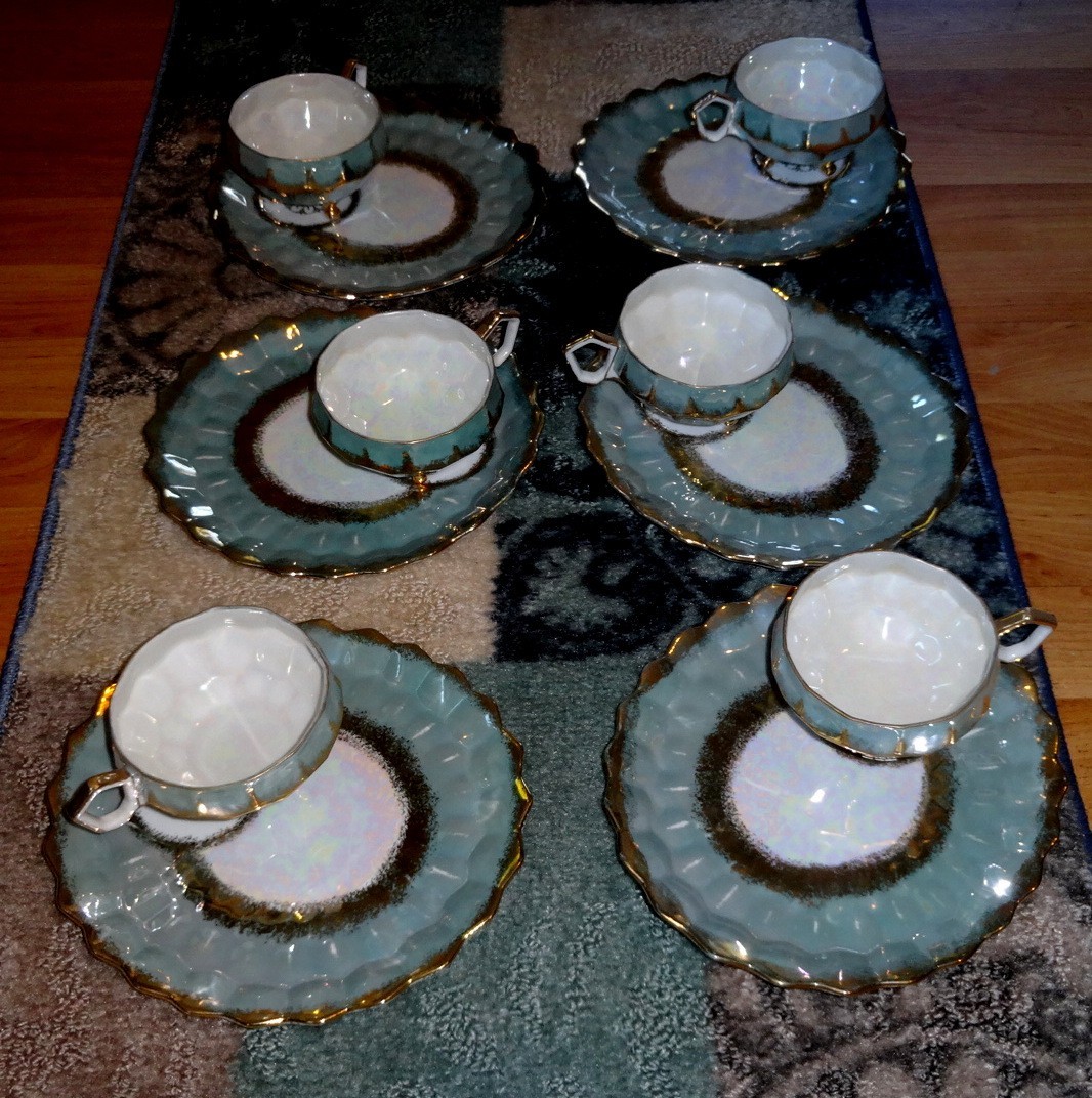 RARE Royal Halsey Teal Bone China 6 Tea Cup 6 lunch plates Geometric Luster