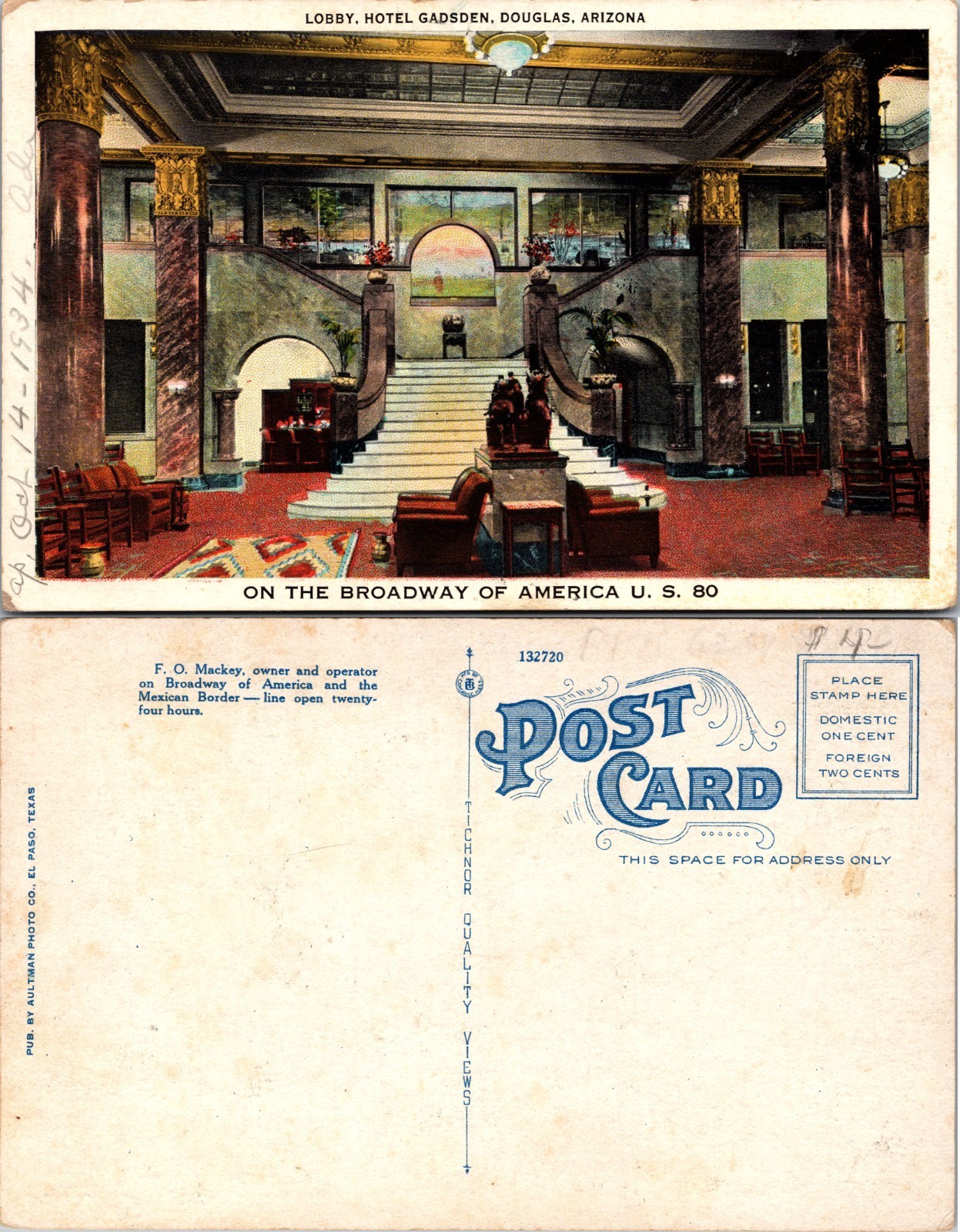 Douglas Arizona Hotel Gadsden Lobby Stairs Columns Postcard