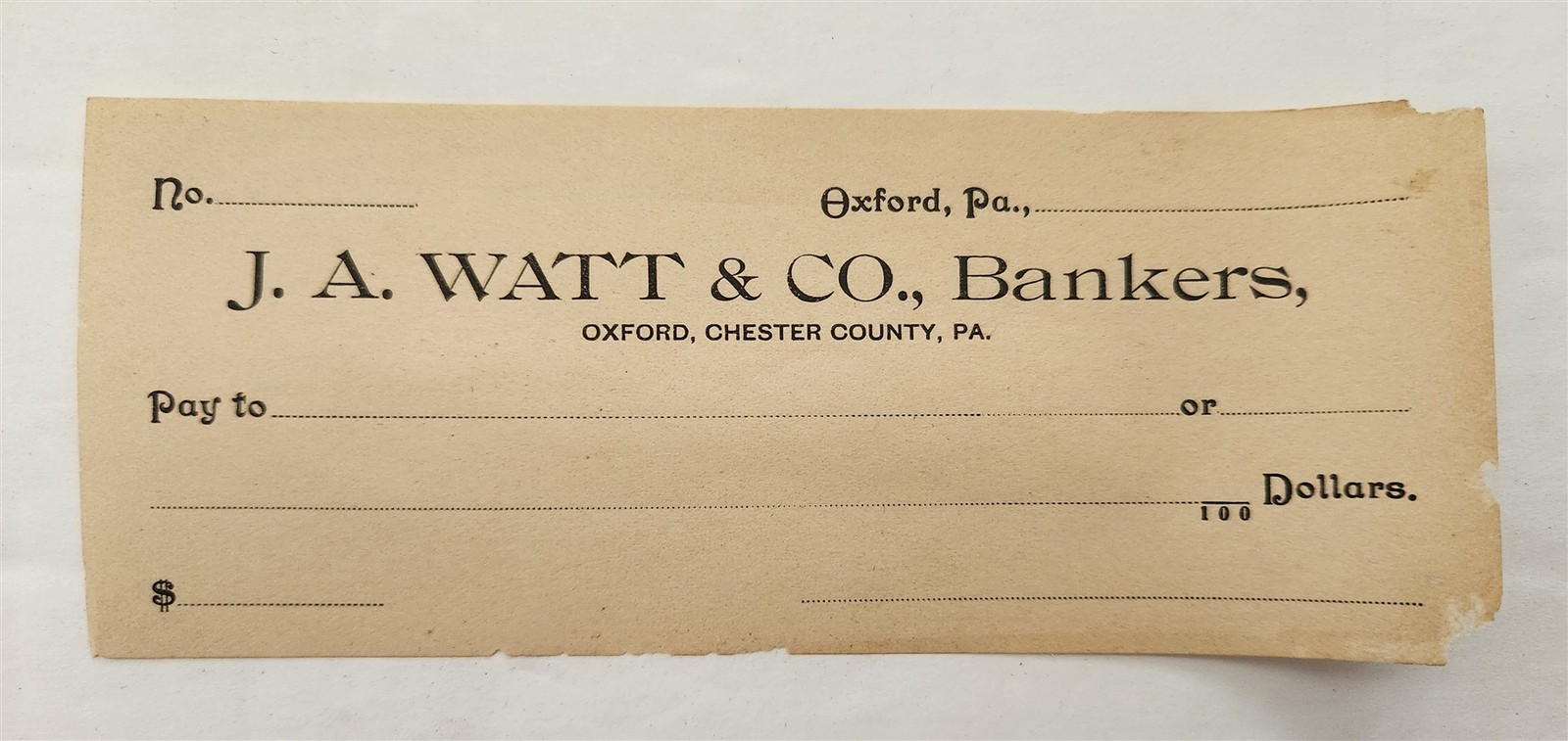 c1905 antique J A WATT & CO BANKERS oxford pa BANK CHECK chester county
