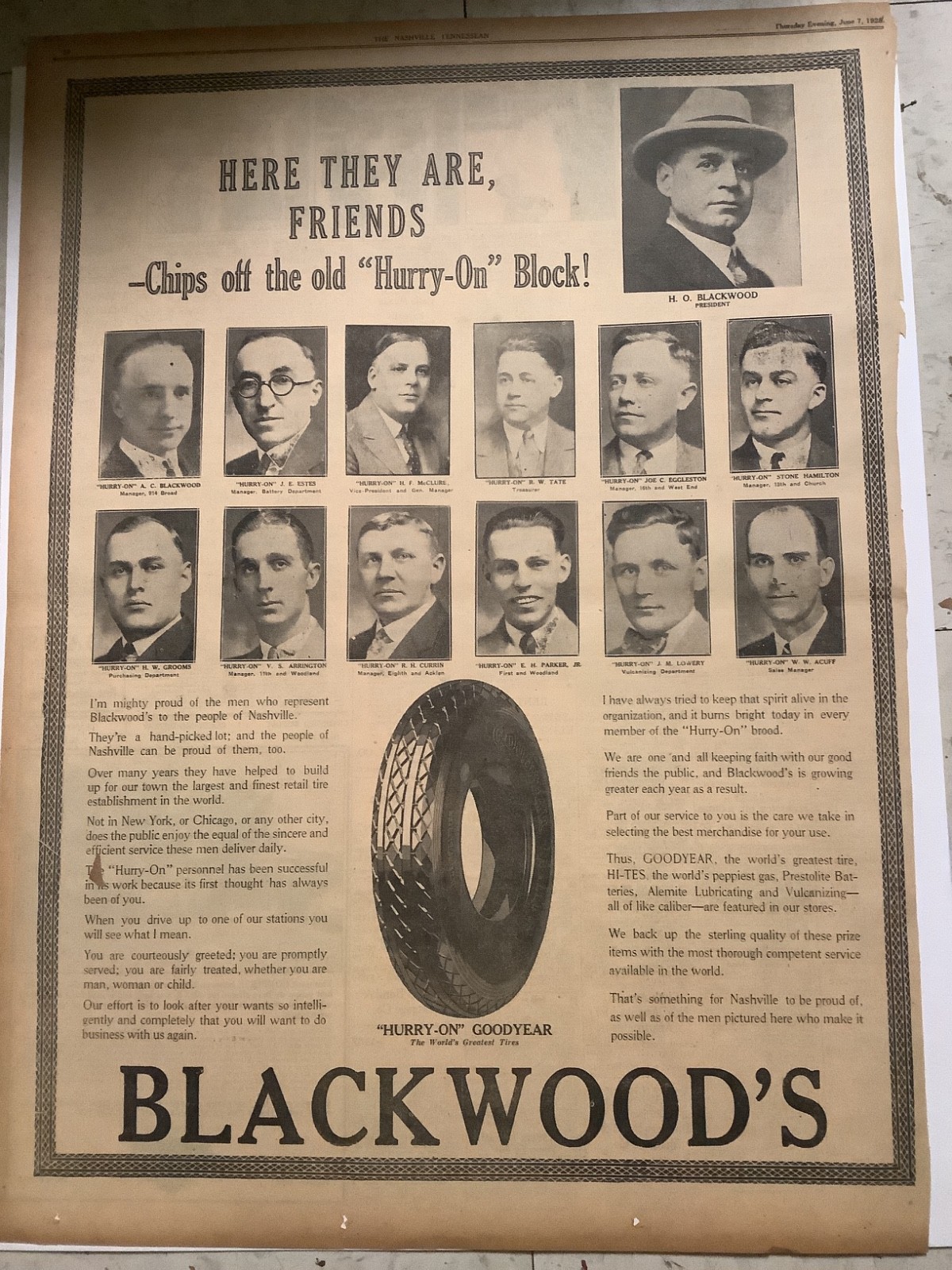 1928 Nashville Tennessean Full Page Ad Blackwoods Goodyear Employees Pictured