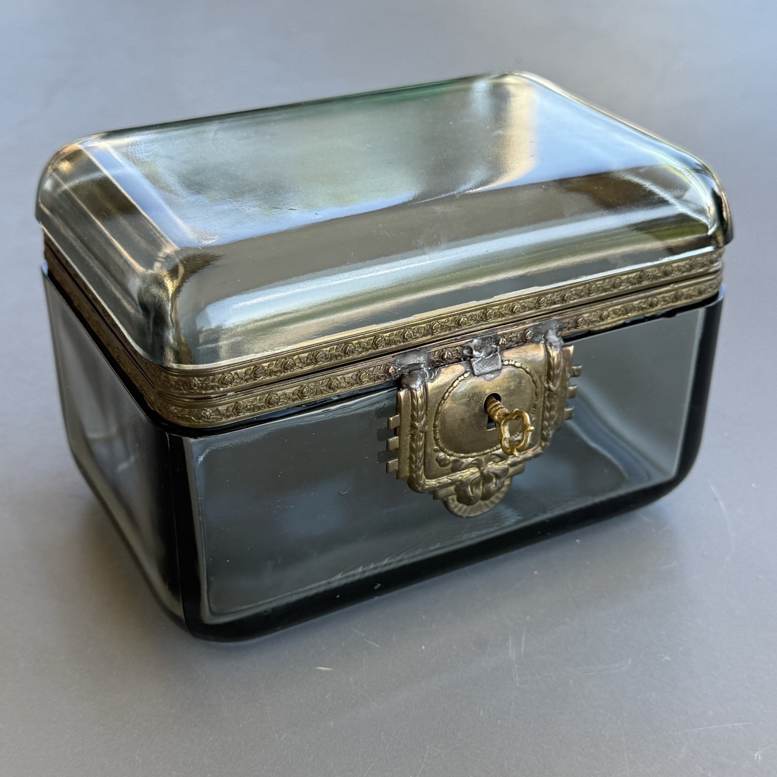 Antique French or Italian Glass & Brass Ormolu Locking Jewelry Casket Vanity Box