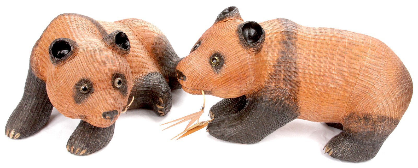 Vintage Chinese Woven Rattan Wicker Pair Panda Bears Shanghai Handicrafts China