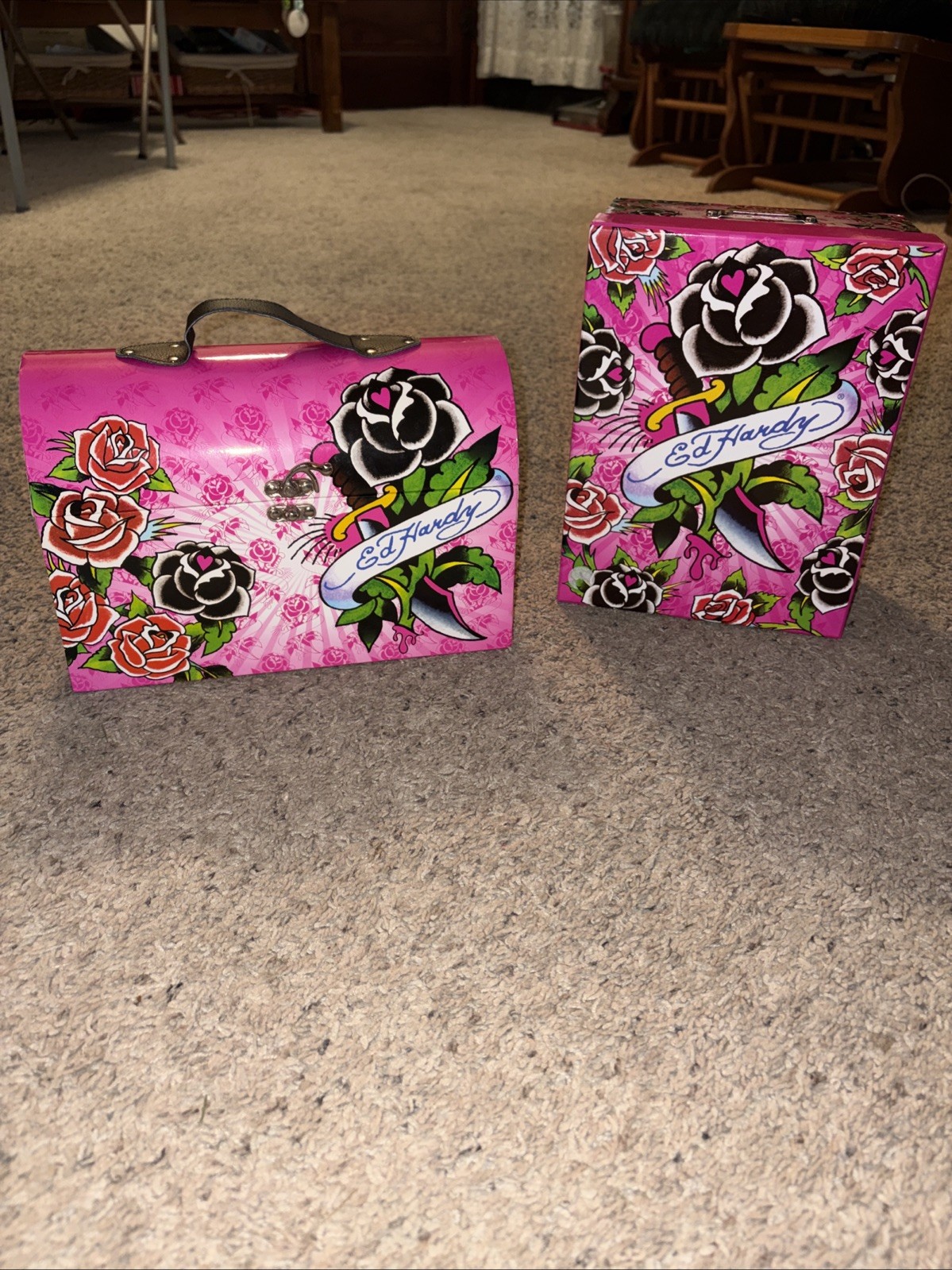 Ed Hardy Y2K Pink Rose Tattoo Storage Box Trunk Set of 2 Latch Case Lisa Frank