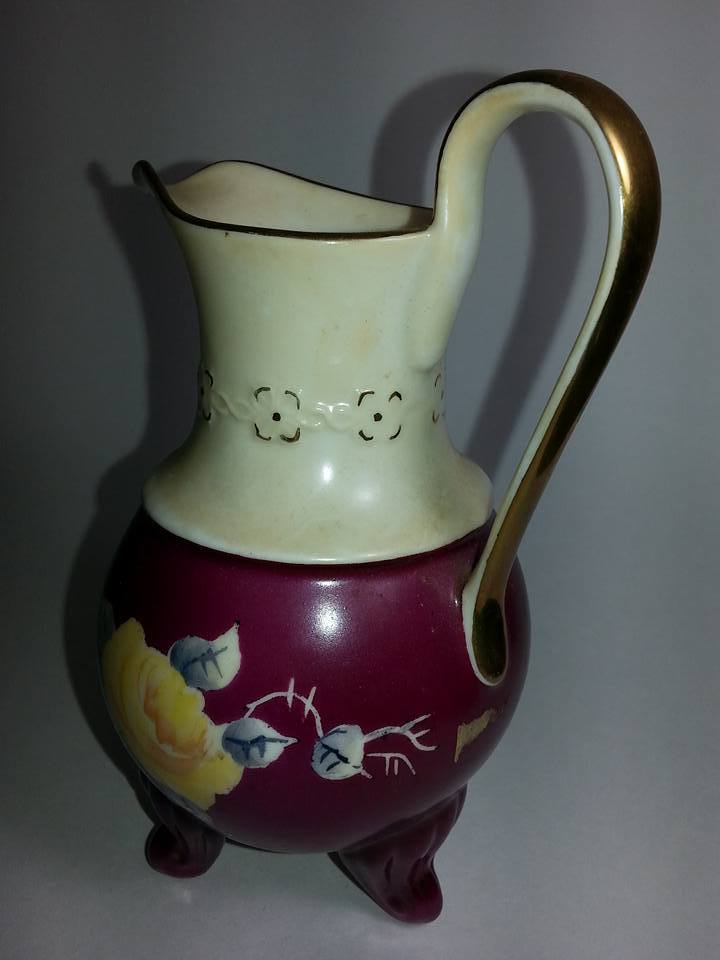VINTAGE KAOLENA CHINA HAND PAINTED PITCHER GOLD RAISED TRIMMED COLLECTIBLE   