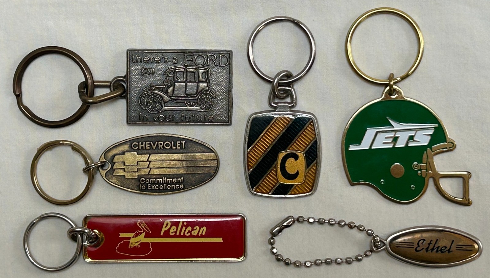 Lot of 6 Vintage Keychains Ford, Chevrolet, Pelican, New York Jets, Ethel
