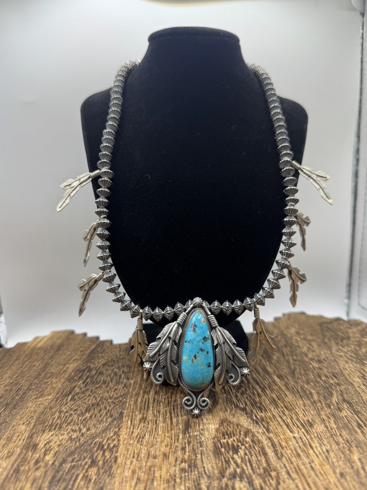 Raymond Delgarito Navajo Royston Turquoise Feather Necklace Vintage Handmade