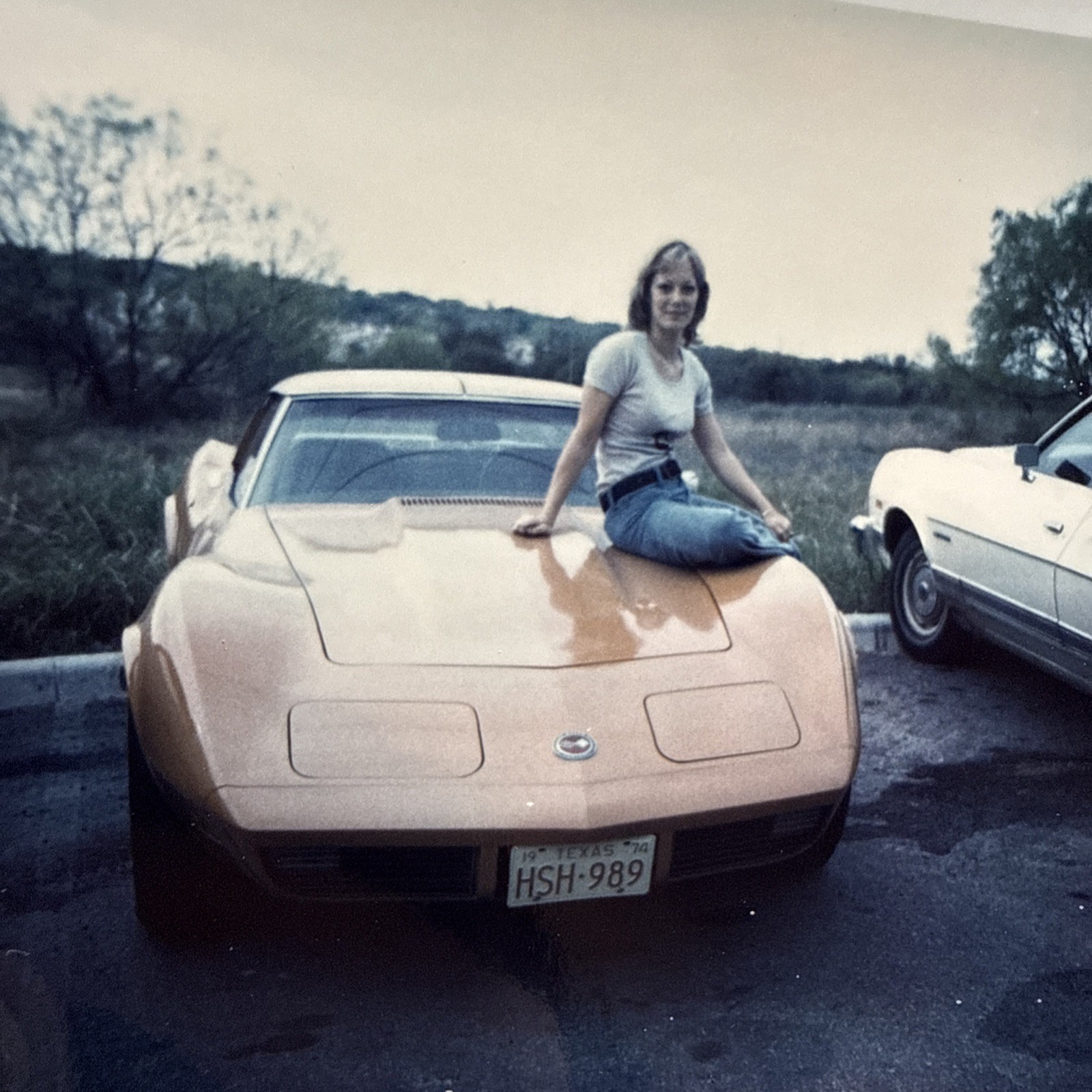 Vintage 1970’s Polaroid Of Pretty Blonde On Hood Of Corvette 