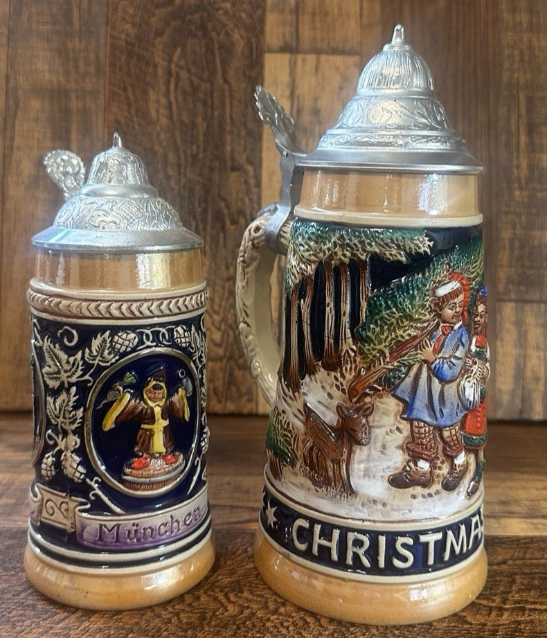 LOT OF 2 VINTAGE WEST GERMAN BEER STIENS WITH LIDS GERZ/KING CHRISTMAS 1989