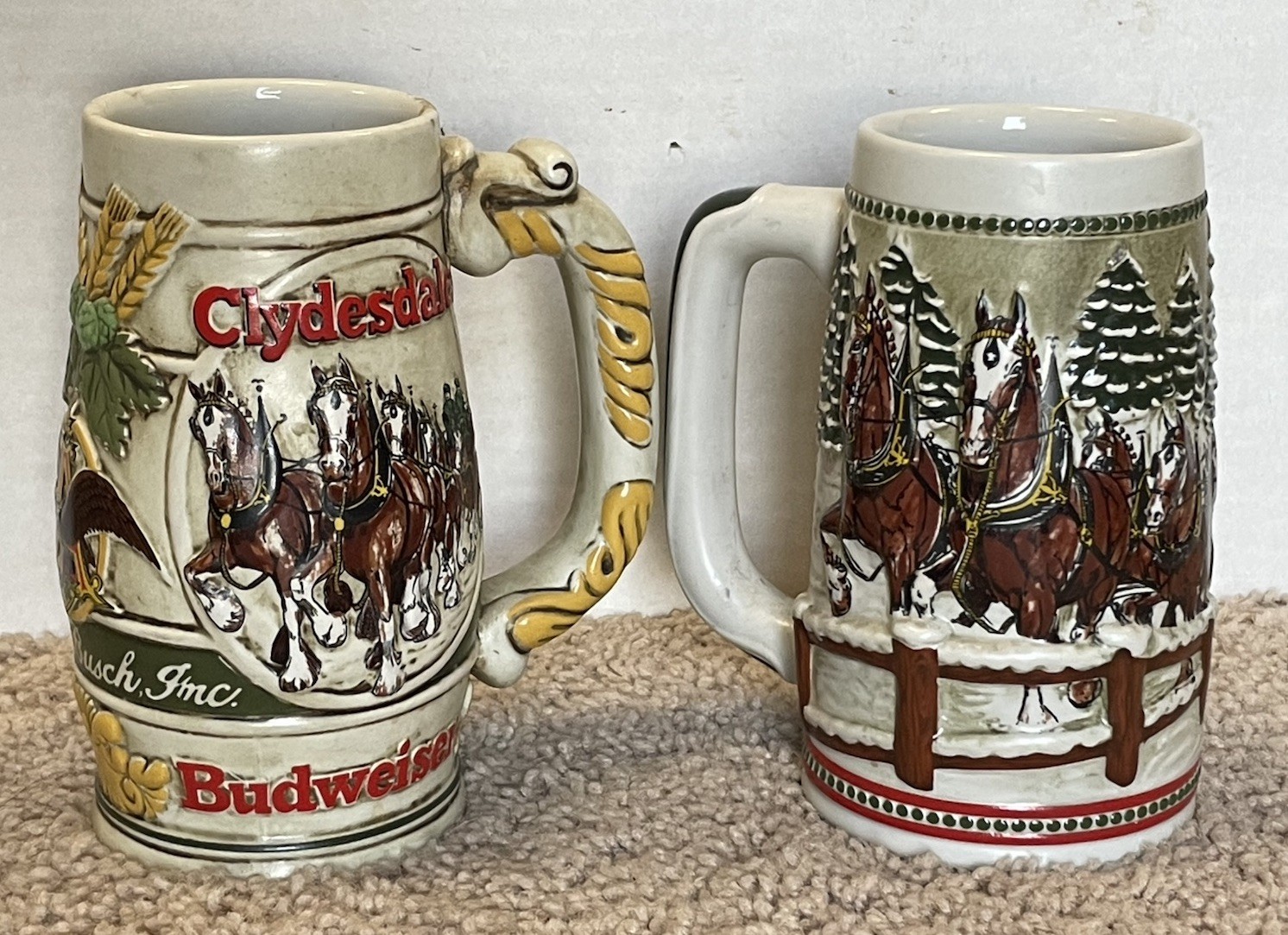 2x Budweiser Holiday Clydesdales Steins 1983-1984 Christmas-Anheuser Busch