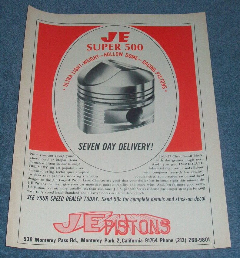 1969 JE Pistons Super 500 Vintage Ad 