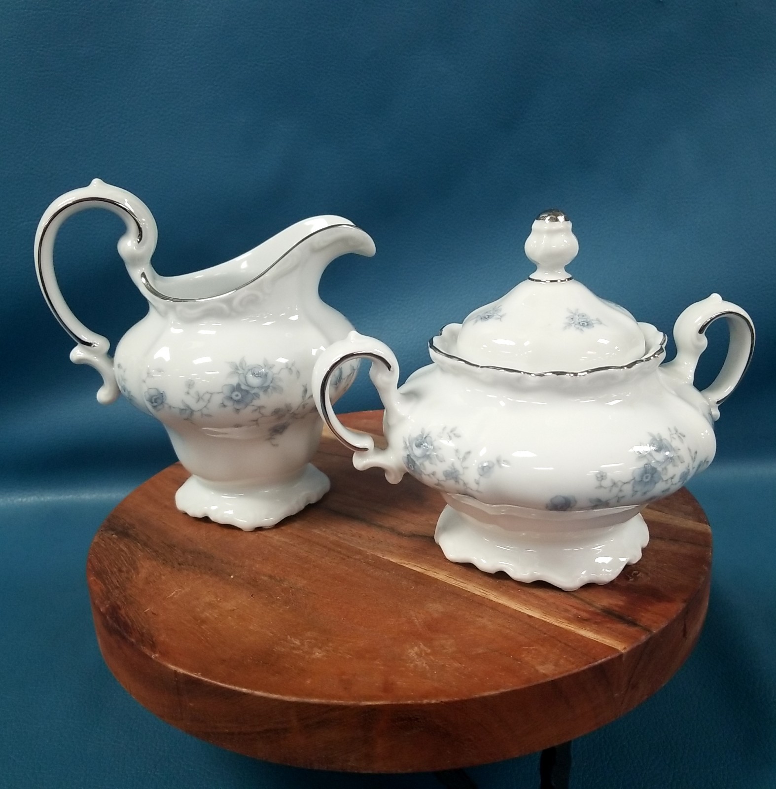 Johann Haviland Creamer & Sugar Blue Garland Silver Trim Germany Floral