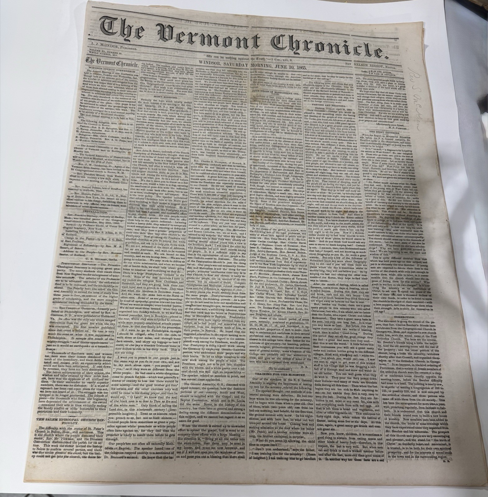 1865 The Vermont Chronicle Newspaper 