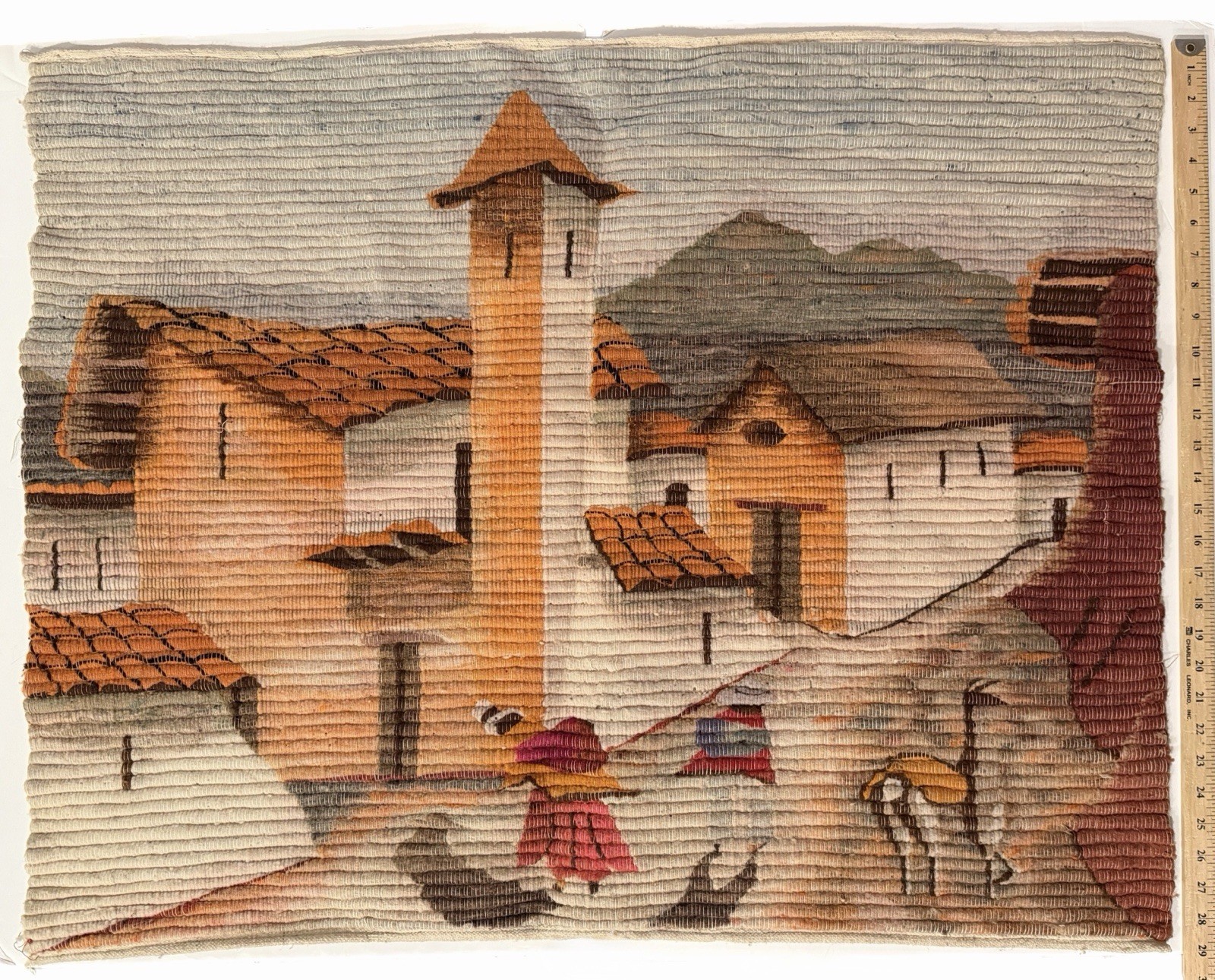 VTG Peru Andean Wool Woven Wall Tapestry Village Church Scene Large