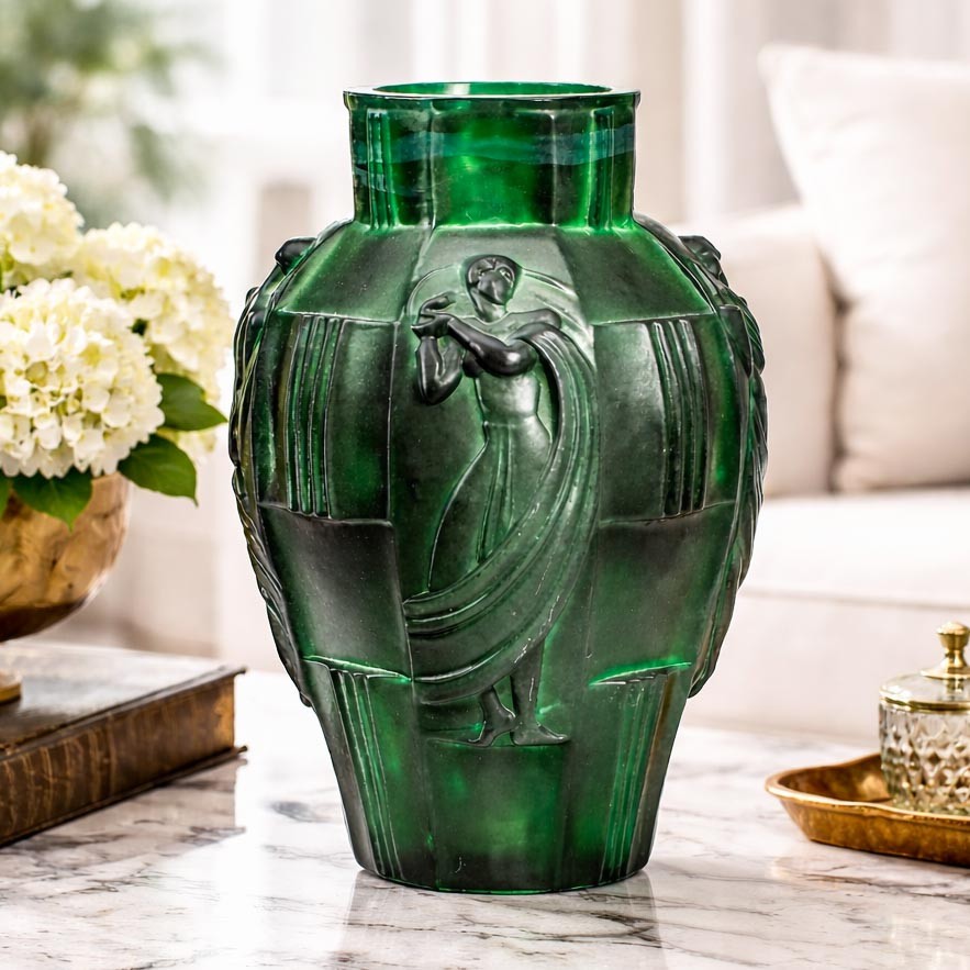 Exceptional Antique Art Deco Malachite Glass Figural Vase Home Decor