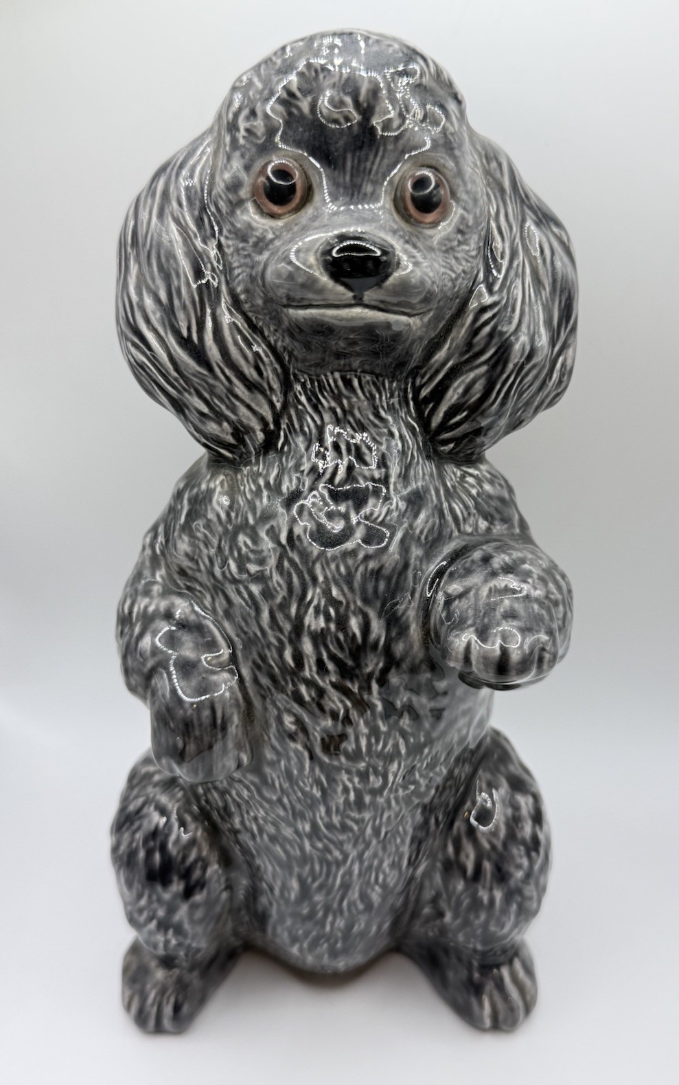 Vintage Gray Glazed Ceramic Cute Poodle Puppy Dog Statue Big Eyes Figurine
