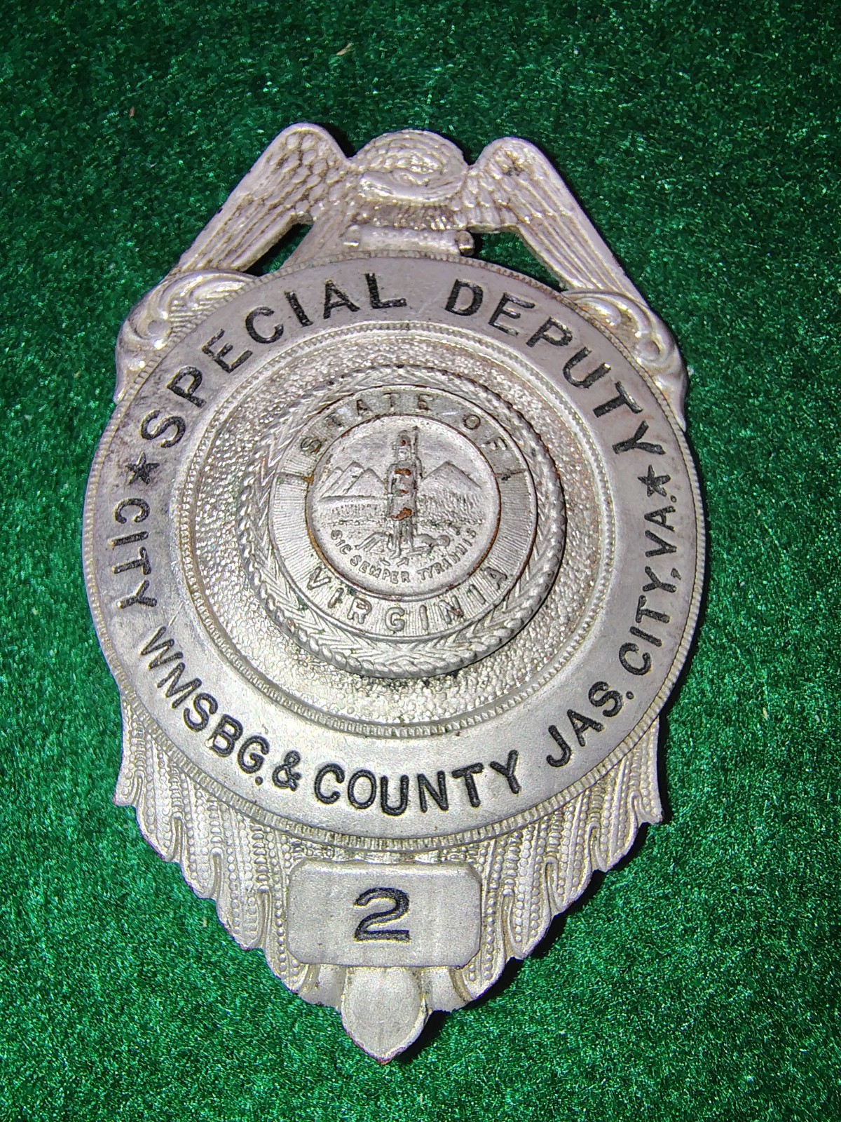Vintage Obsolete Special Deputy Badge #2 City Wmsbg & County Jas City VA Nielsen