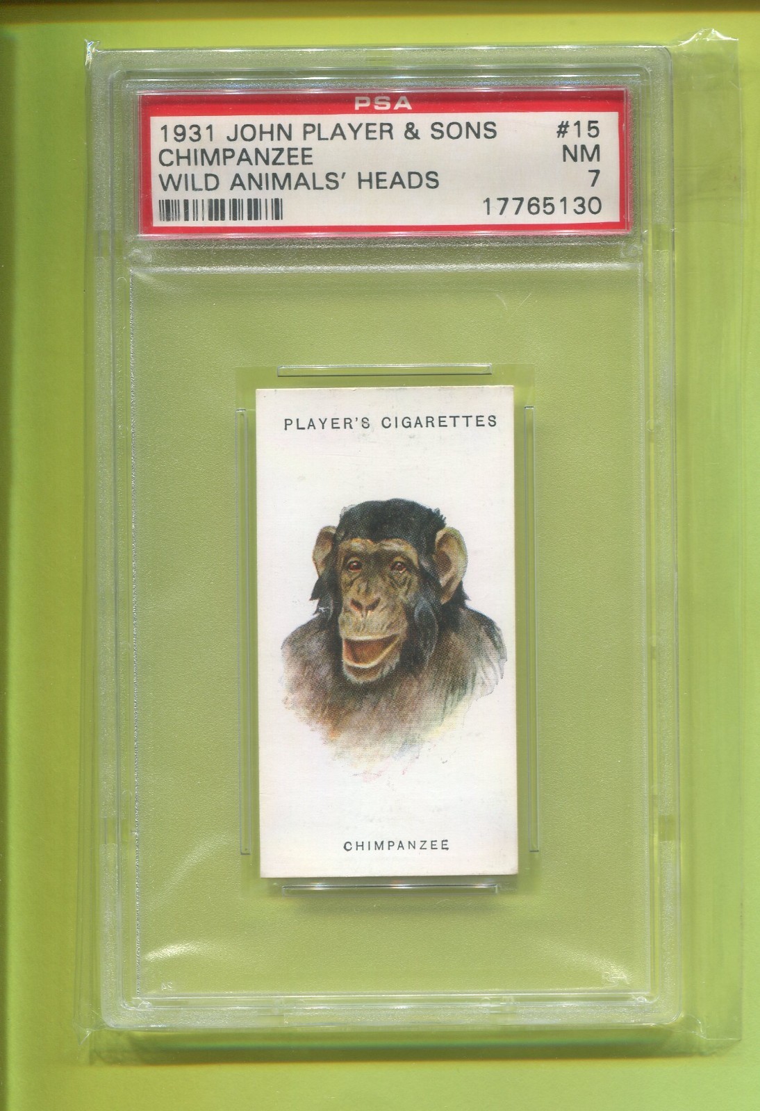 1933 JOHN PLAYER & SONS WILD ANIMAL HEADS TOBACCO CARD #15 CHIMPANZEE PSA 7