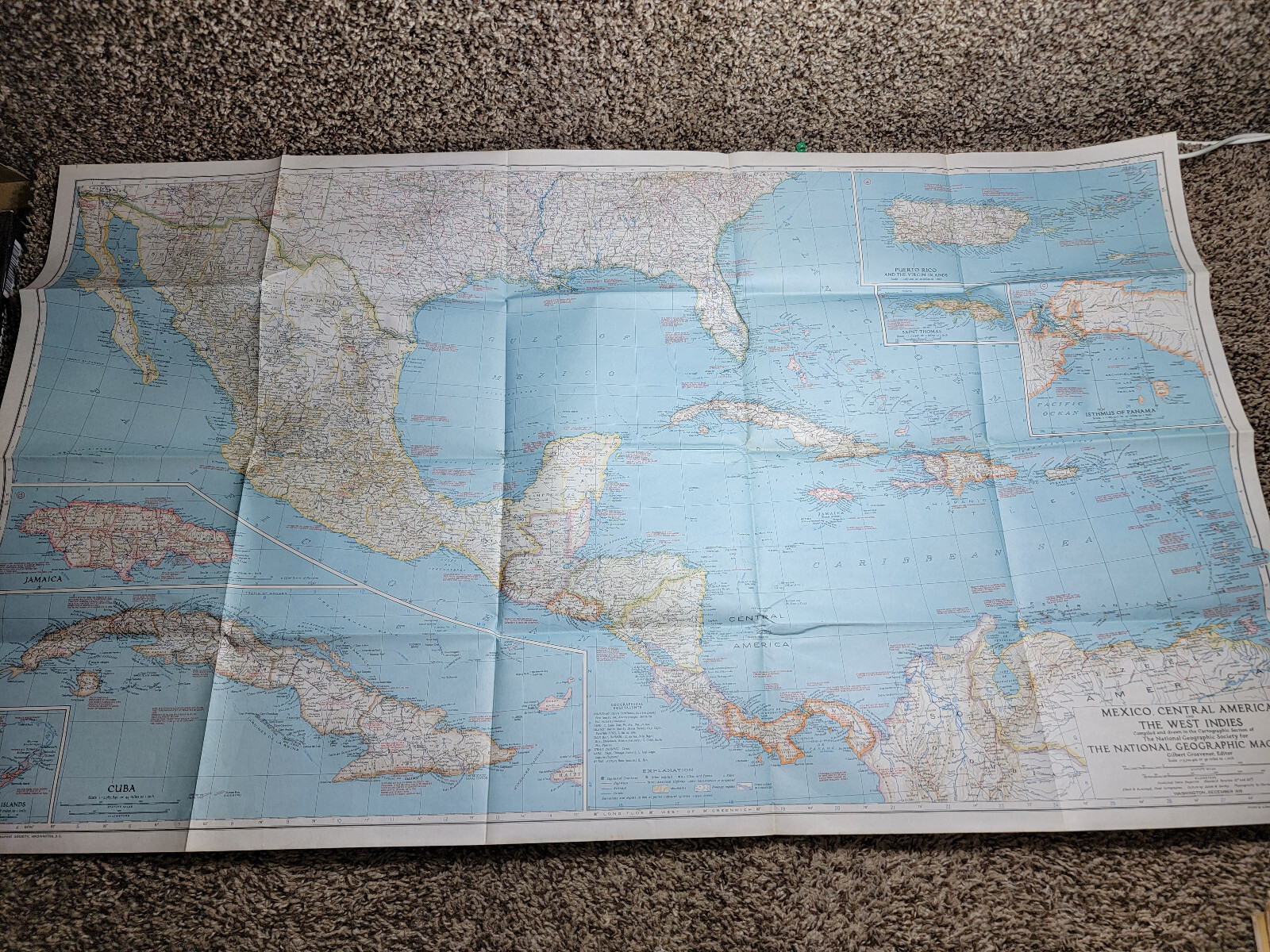 ANTIQUE MEXICO, CENTRAL AMERICA AND THE WEST INDIES MAP National Geographic 1939