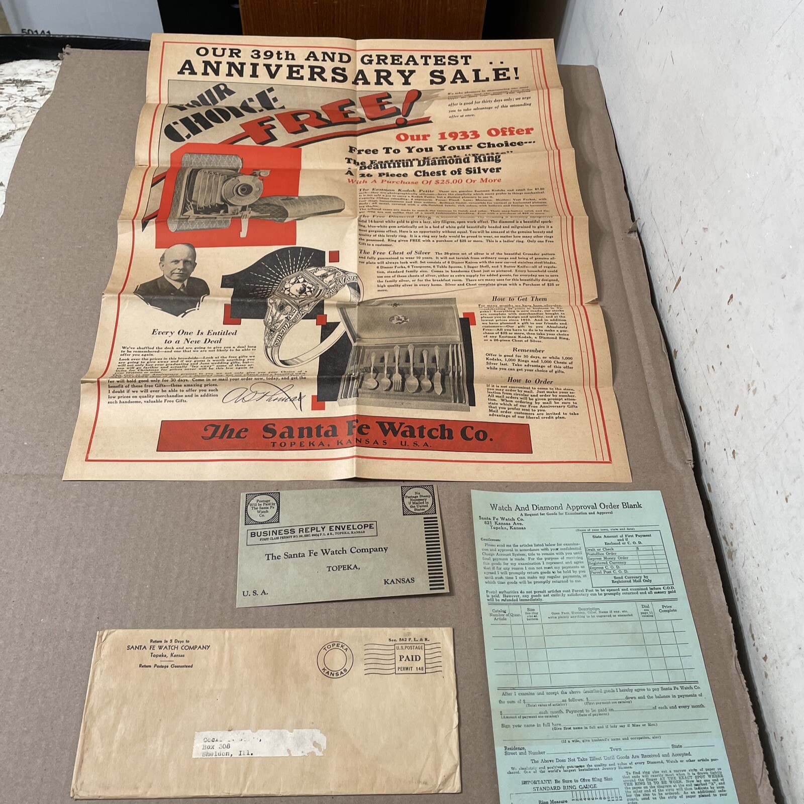 1933 Santa Fe Watch Co Jewelry Diamond Ring & Watch Advertising Lot