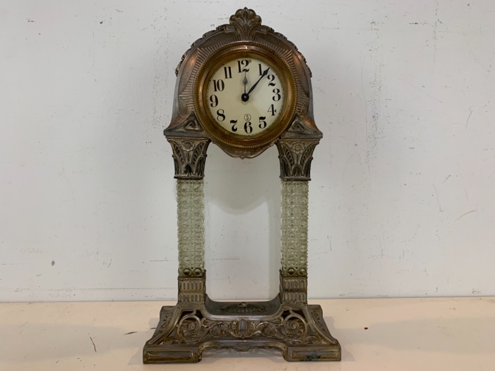 Antique German Mauthe Art Nouveau Glass Pillar Portico Mantel Clock c1900 Untest