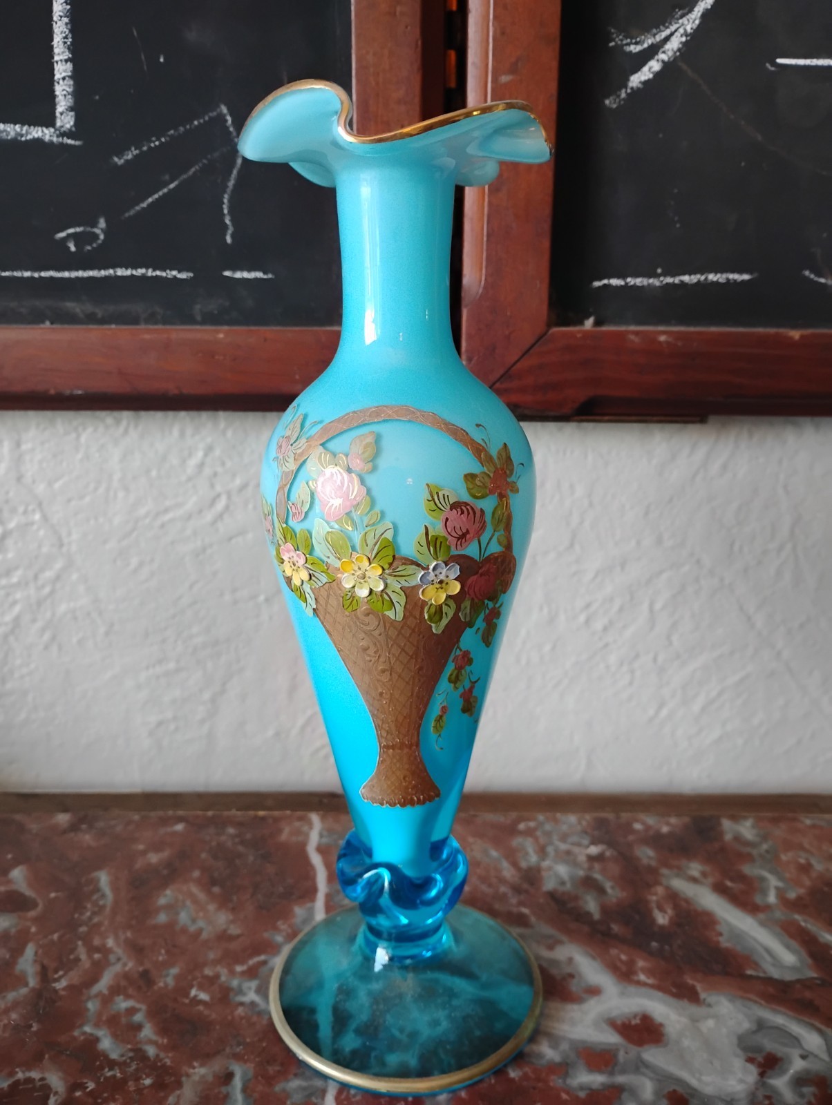 Antique Blue White Cased Art Glass Vase Gold Basket Raised Flowers Fenton ??