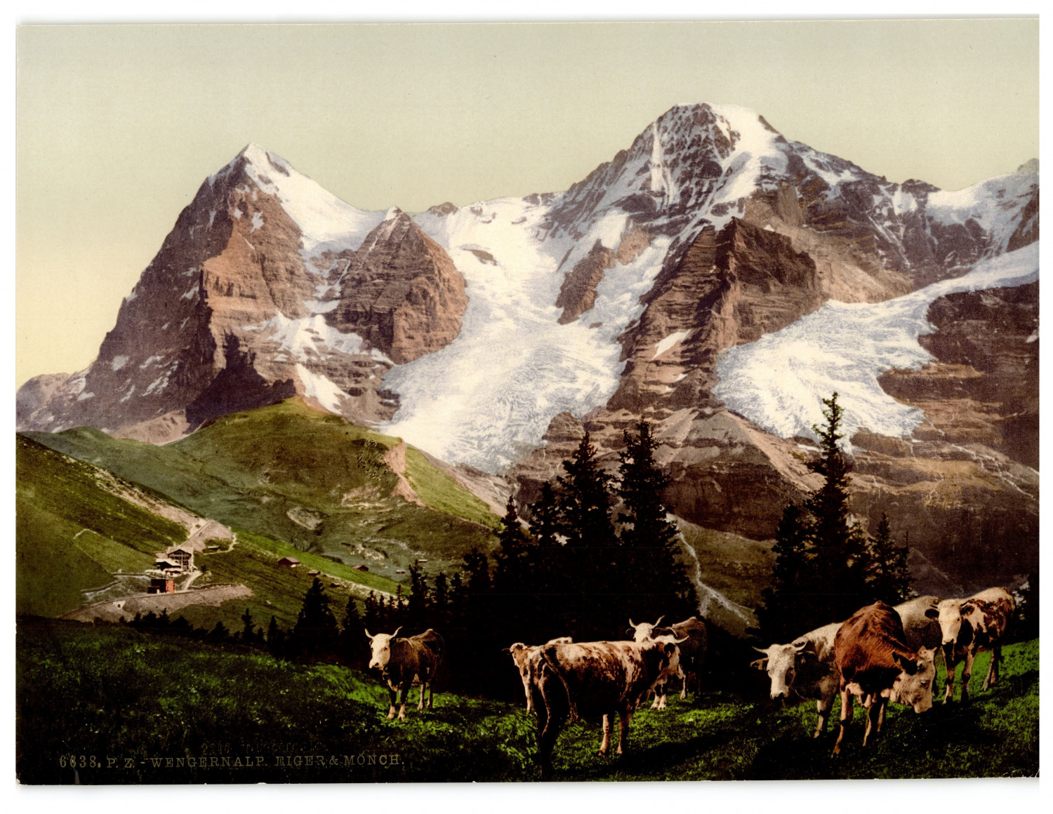 Switzerland, Bernese Oberland, Wengernalp, Eiger and Mönch vintage photochrome p