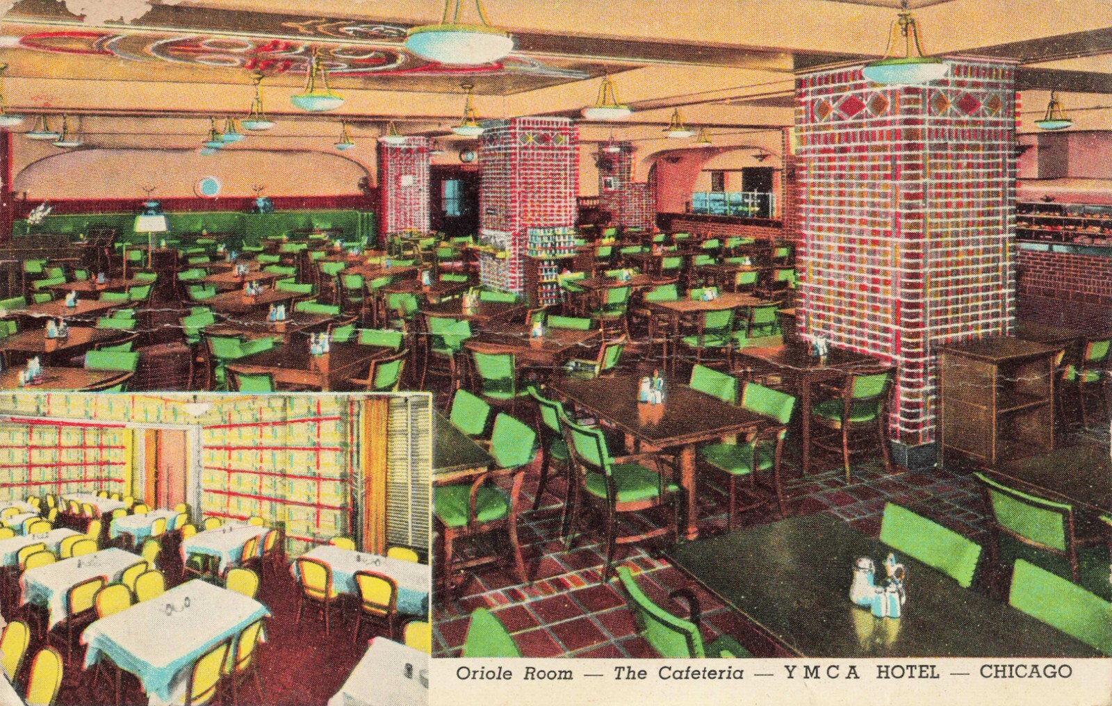 YMCA Hotel Oriole Room Cafeteria Chicago Illinois Vintage Postcard Posted 1946